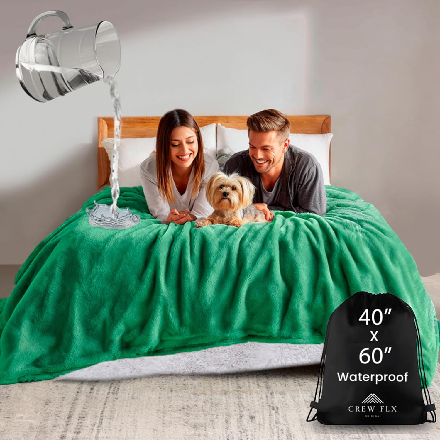 Waterproof Blanket for Bed – Reversible Sherpa Throw with Leakproof TPU Layer – Stain-Resistant, Washable Kids & Pet Blanket with Carry Bag – (40″x60″, Green)