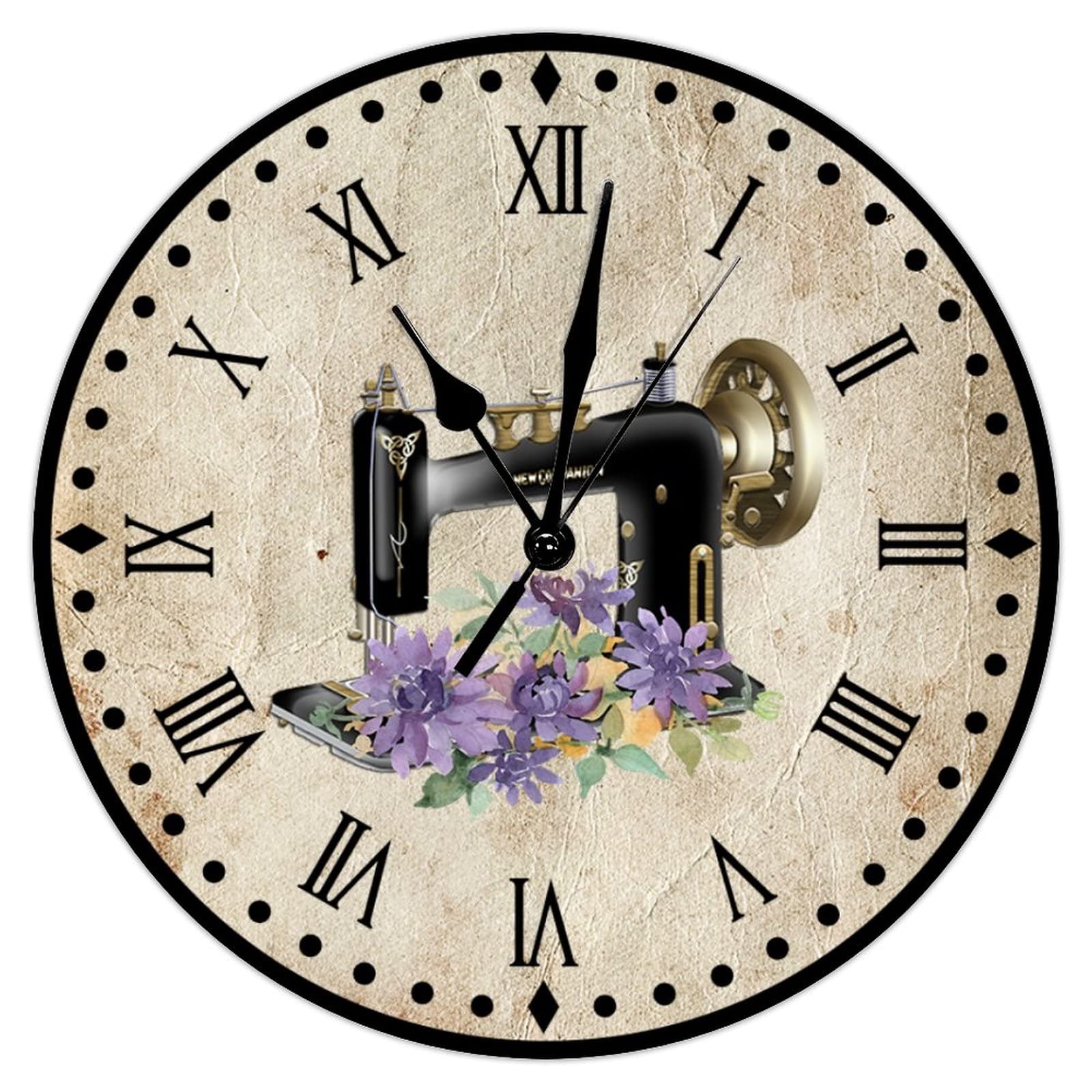 Floral Sewing Machine Clock Sewing Studio Large Wall Clock 12inch Retro Silent Non-Ticking Battery Operated Wood Print Hanging Clock for Home Living Room Craft Room Decor Bedroom