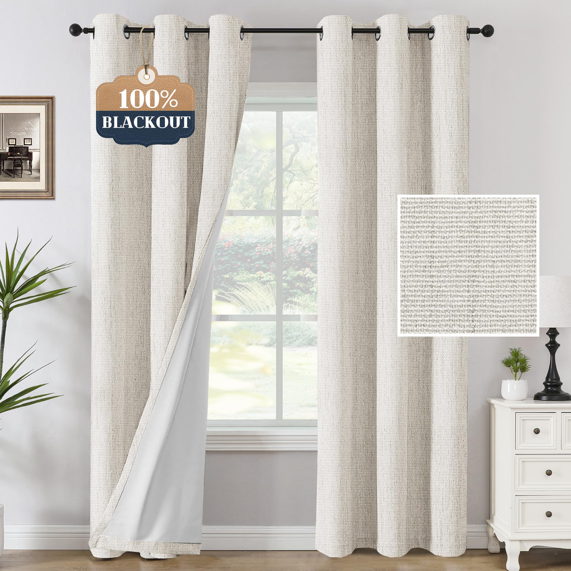 H.VERSAILTEX 100% Blackout Curtains Linen Textured Chenille Curtains Thermal Insulated Curtain Panels with White Flocking Coating Back, 42" W x 84" L,