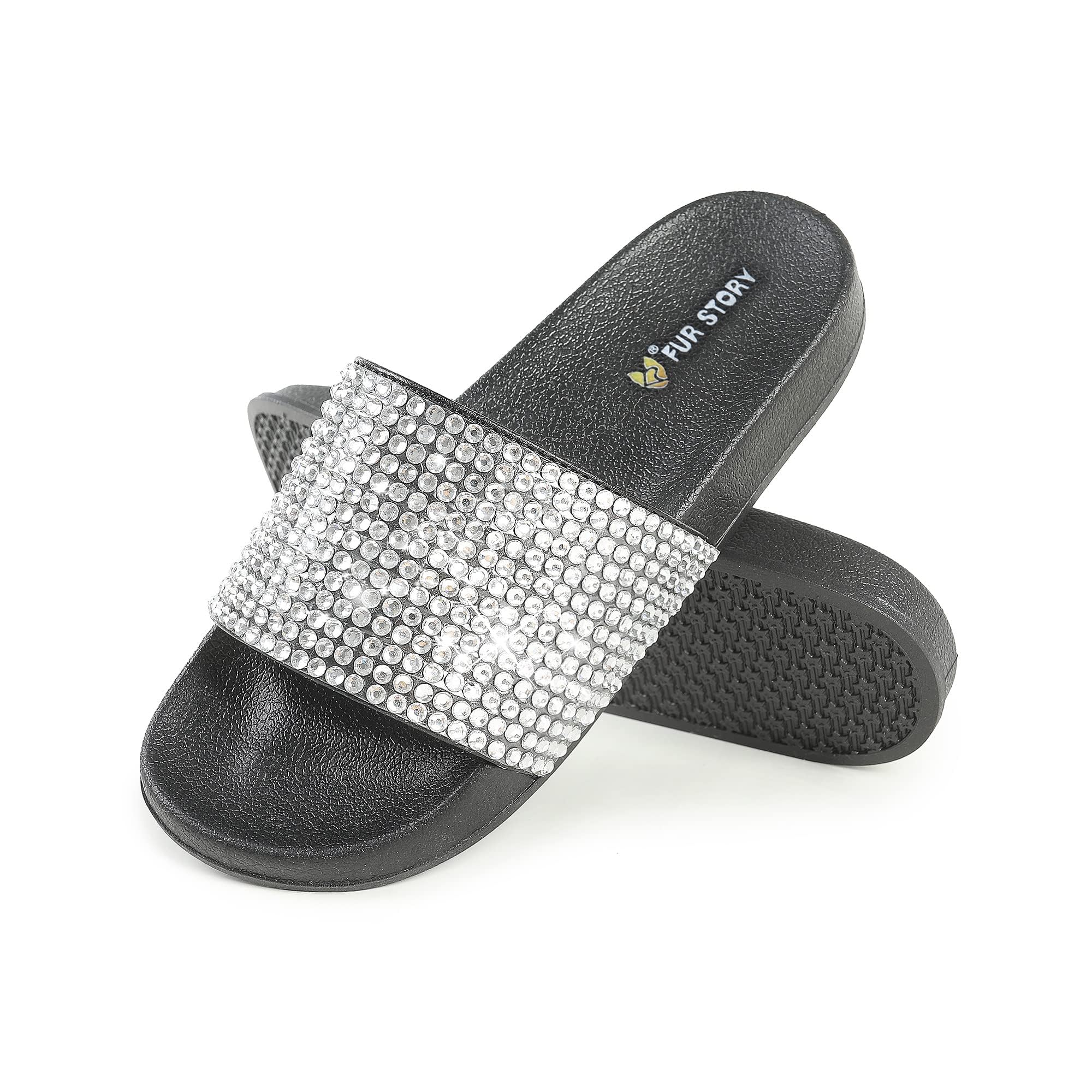 Fur Story Womens Slides House Slippers Rhinestone Glitter Slides Cute bling Flat for Women Platform Sandals Cozy Bedroom Slippers Shower Shoes
