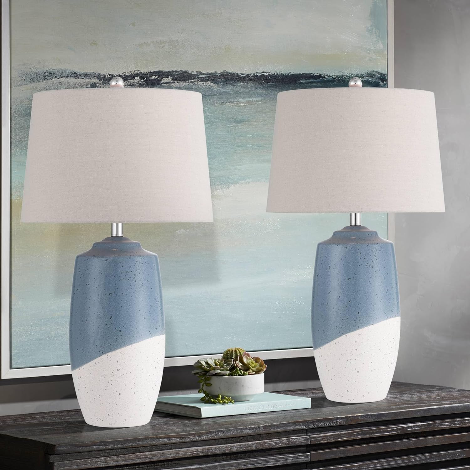 360 Lighting Aegean 28" Tall Coastal Modern Table Lamps Set of 2 Blue White Finish Ceramic Linen Beige Shade Living Room Bedroom Bedside Nightstand House Office Family Reading Kitchen Entryway