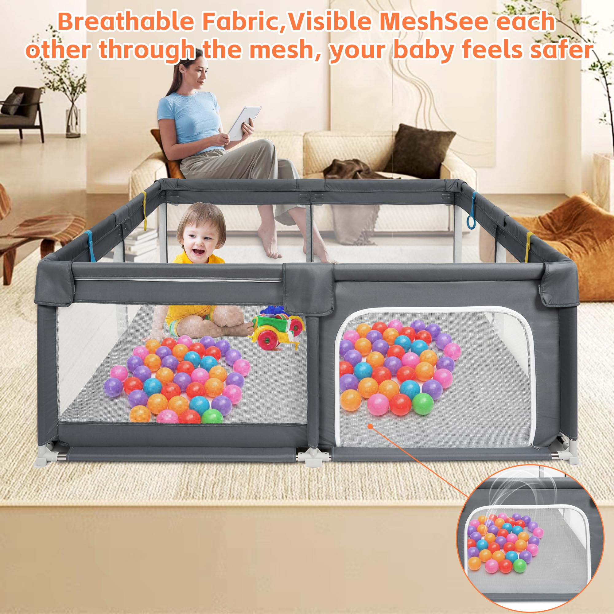 OUUTMEE Laufstall Großer Babyzaun,Laufstall mit rutschfester Basis, Grauschwarz 150x150cm