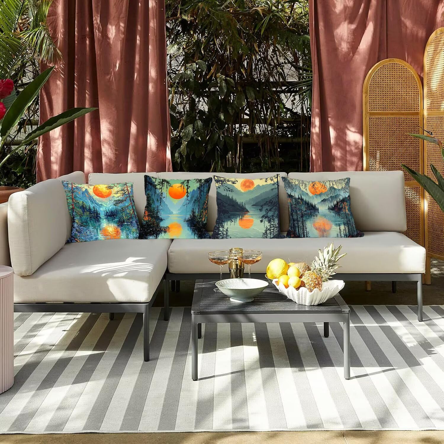 Set de 4 Cojines de Terciopelo 60x60 cm Montañas atardecer Fundas de Cojín Decor para Sofá o Silla Fundas de Cojín con Cremallera Invisible Sofá Salón Dormitorio Exteriores Cojines Decor I-1424