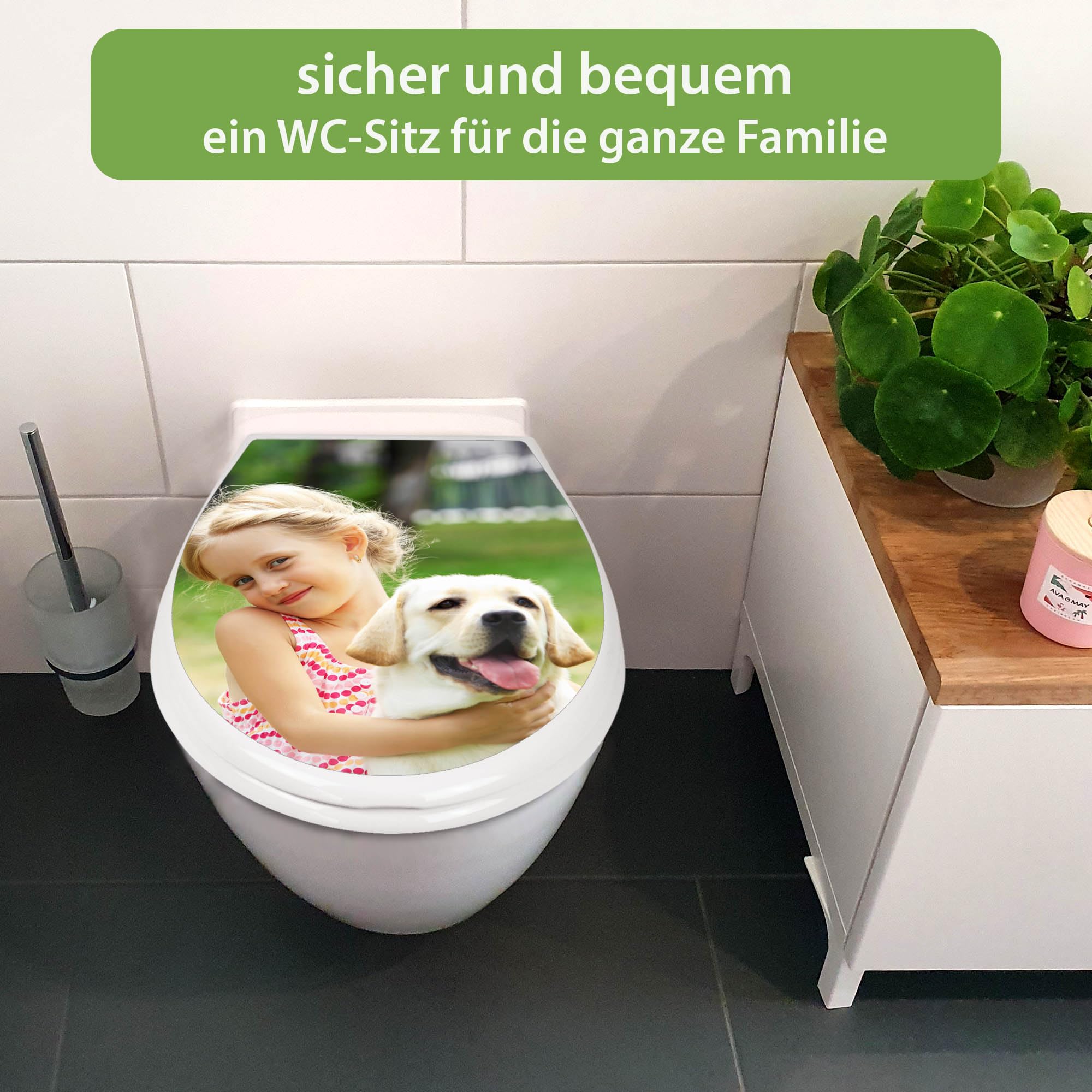 banjado Familien WC Sitz mit Absenkautomatik 44,9x37,1cm - Klobrille mit Kindersitz aus hochwertigem Polypropylen - Toilettendeckel mit Kinder Toilettensitz integriert - Motiv Wunschmotiv