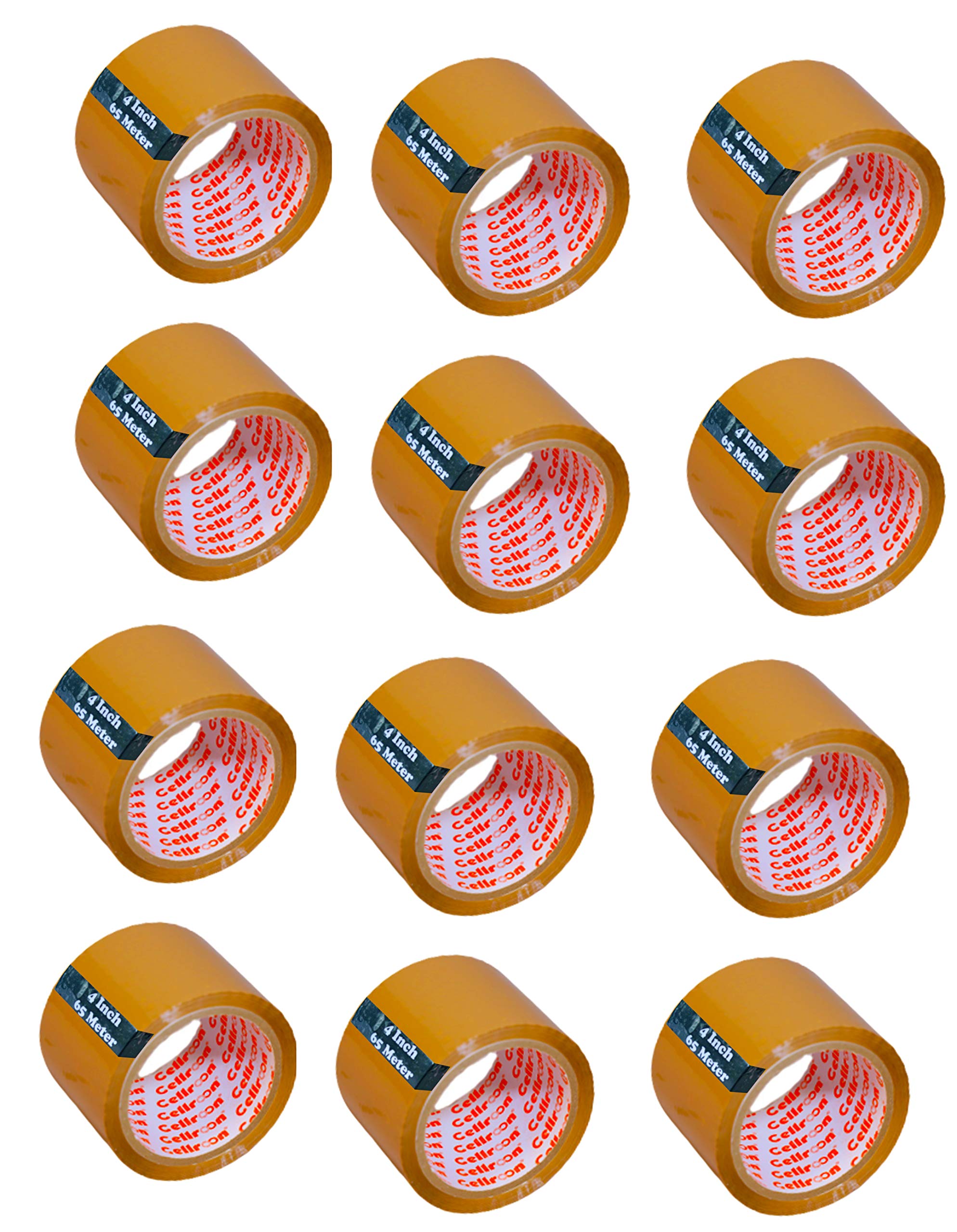 Cellroon BOPP Self-Adhesive Brown Packing Cello Tape - 4 Inch Width, 65 Meter Length - High-Strength Industrial Packaging Tape -Rolls for Secure and Efficient Sealing (Pack of 12)