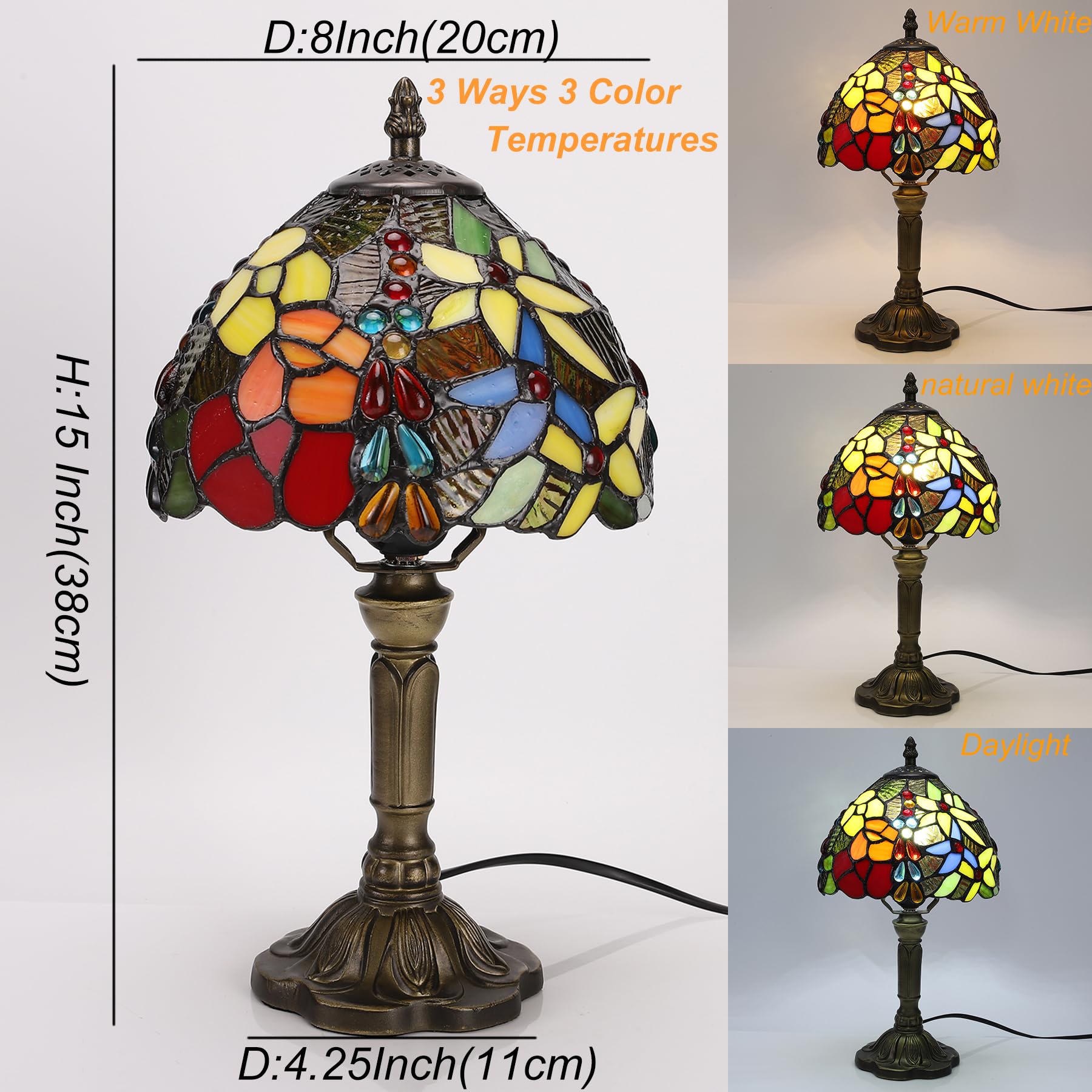 Lampada Tiffany da Tavolo con Paralume in Vetro Colorato per Soggiorno, Camera da Letto, Studio e Tavolino da Caffè