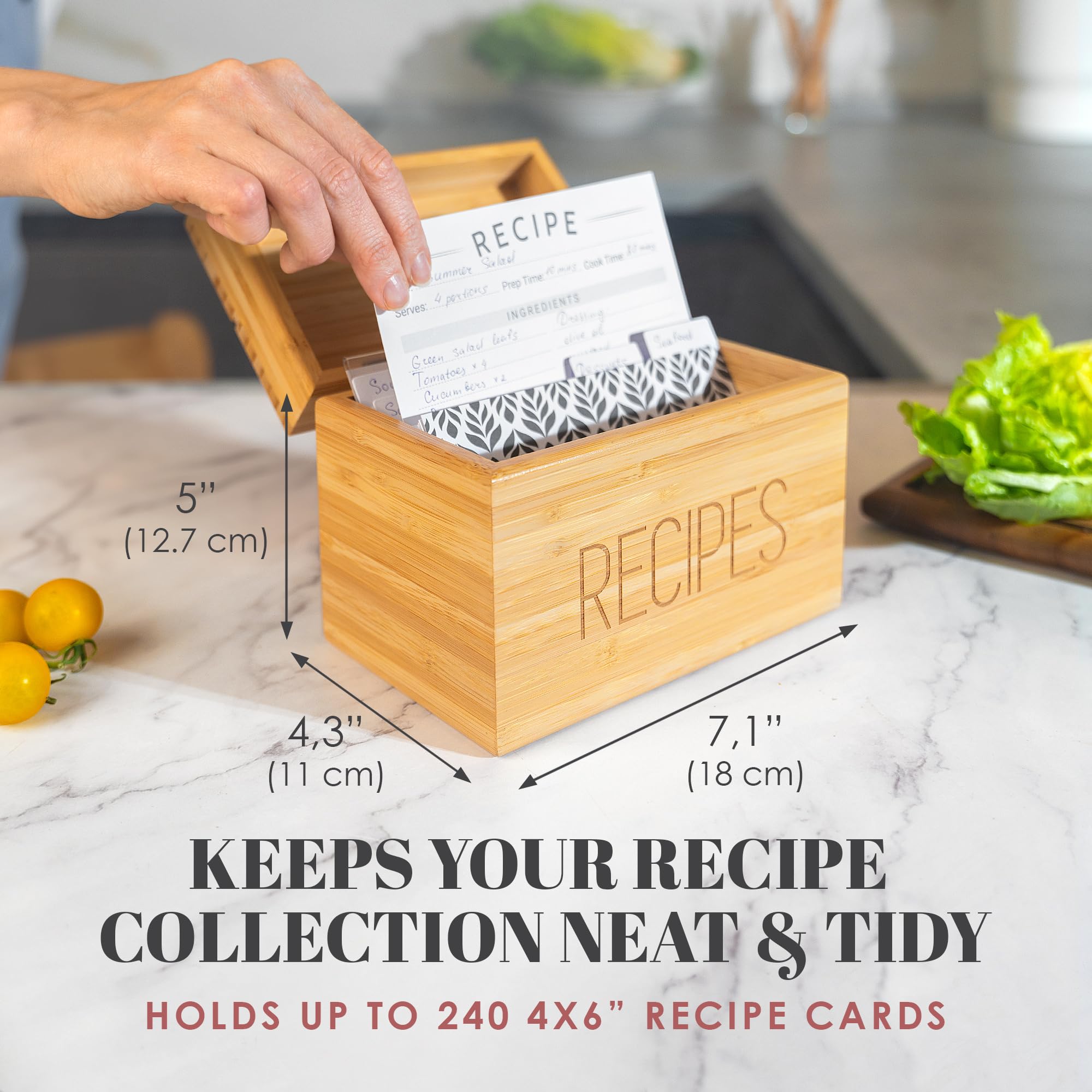 Wooden Recipe Box - 240 Recipe Cards & Dividers -3 Wooden Recipe Box - 240 Recipe Cards & Dividers -3