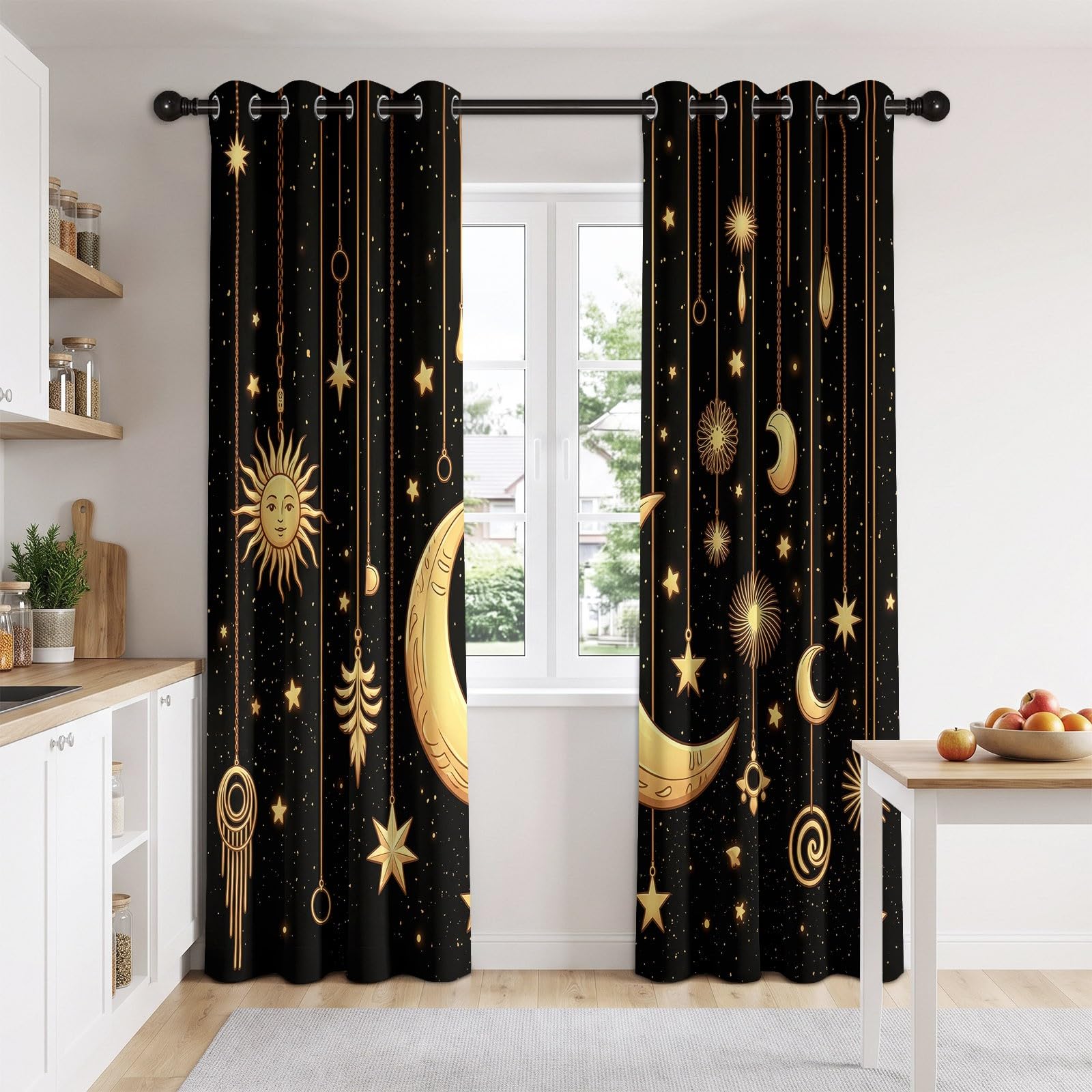 Lot de 2 Rideaux occultants Ciel Étoilé Fantastique décoration d'intérieur, Art Astrologique Univers Poussière D'Étoiles Lune Rideau Thermique avec Œillets pour Fille et garçon - 132L X 240H cm