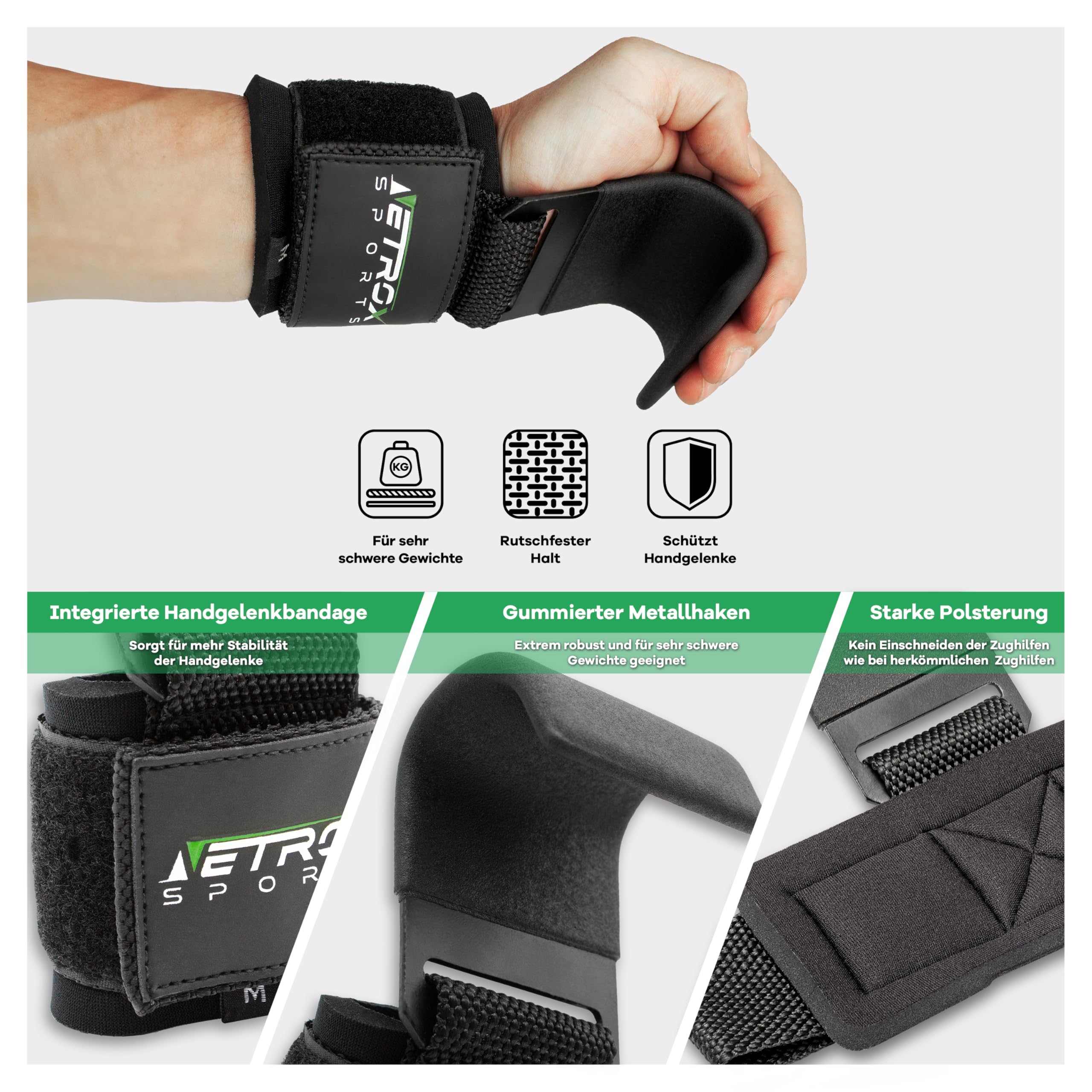 Netrox - Zughaken Zughilfen für Krafttraining - Metall Haken - schwere Gewichte - für Kreuzheben, Bodybuilding mit Handgelenkschutz - Fitness, Grip Zughilfe, Zughilfen Gym für Männer & Frauen