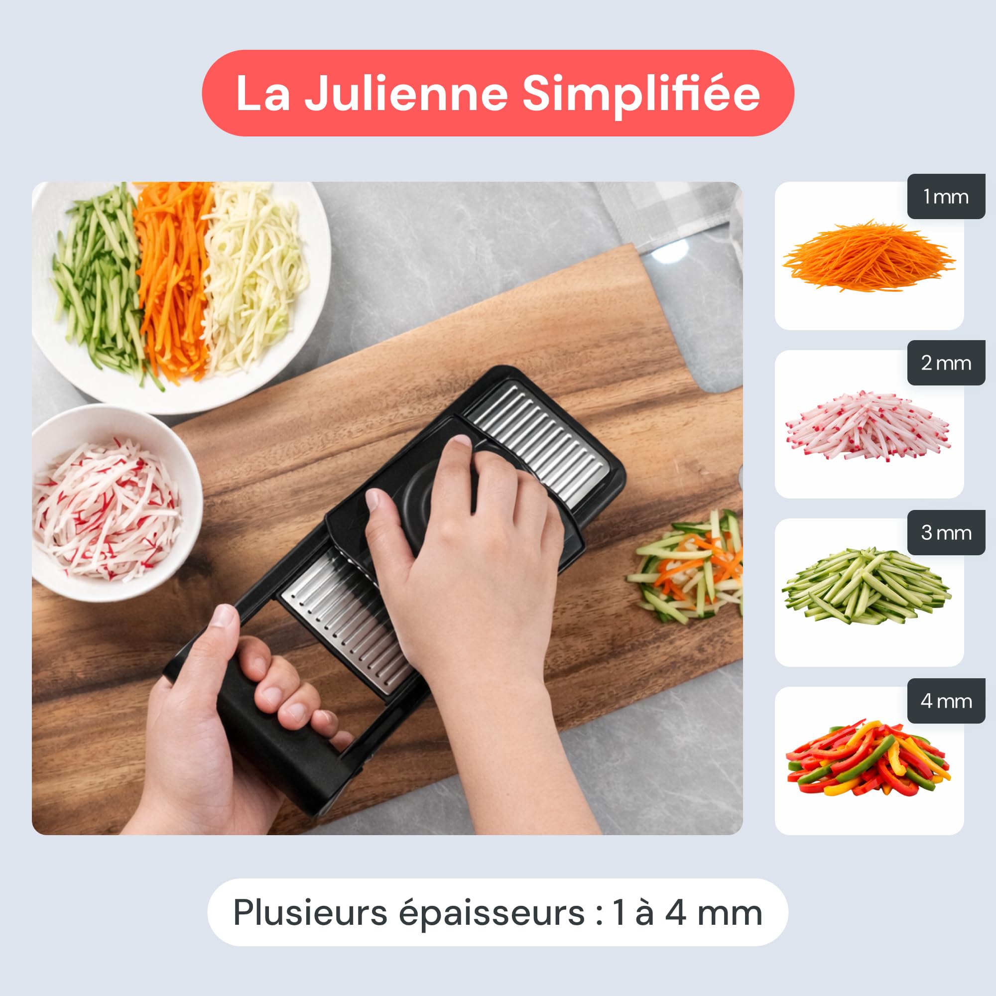 Fullstar Mandoline Cuisine Inox 2-en-1 - Épaisseur Réglable 1-4 mm - Mandoline Multifonctions avec Lame Julienne pour Pommes de Terre, Fruits, Légumes & Fromage - Mandoline Cuisine Professionnelle