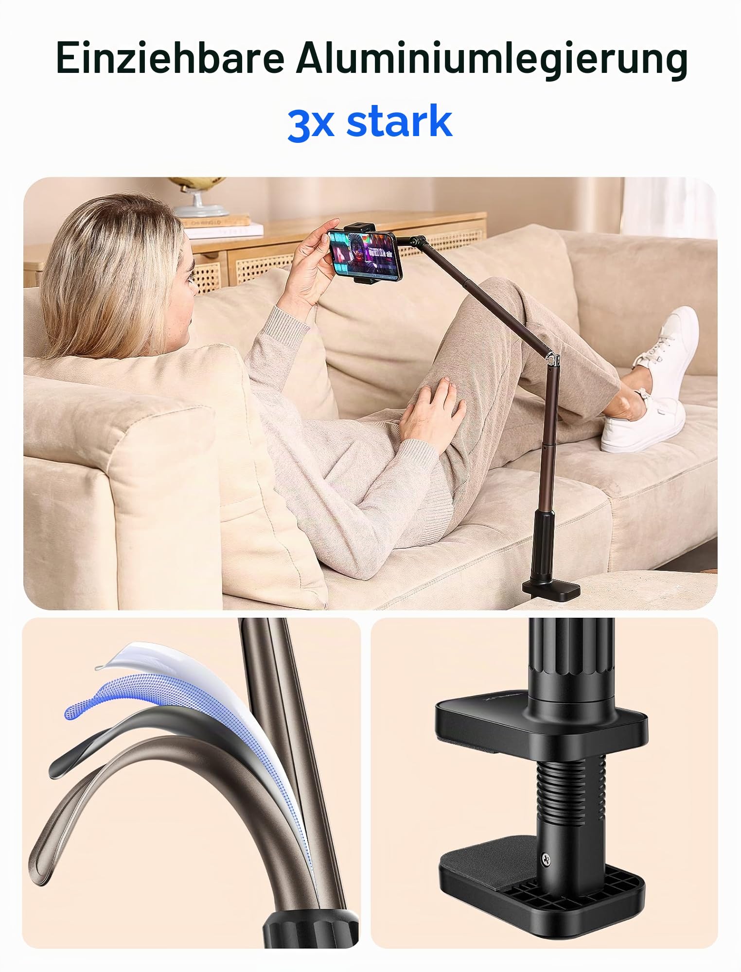 JSAUX Handy Halter mit justierbarem langem Arm für Schreibtisch & Bett, Handystütze, Mobil-Ständer, Handyhalter, Handy-Ständer, Telefonhalter kompatibel mit iPhone 15/15 Pro/15 Plus/14 etc. [Schwarz]