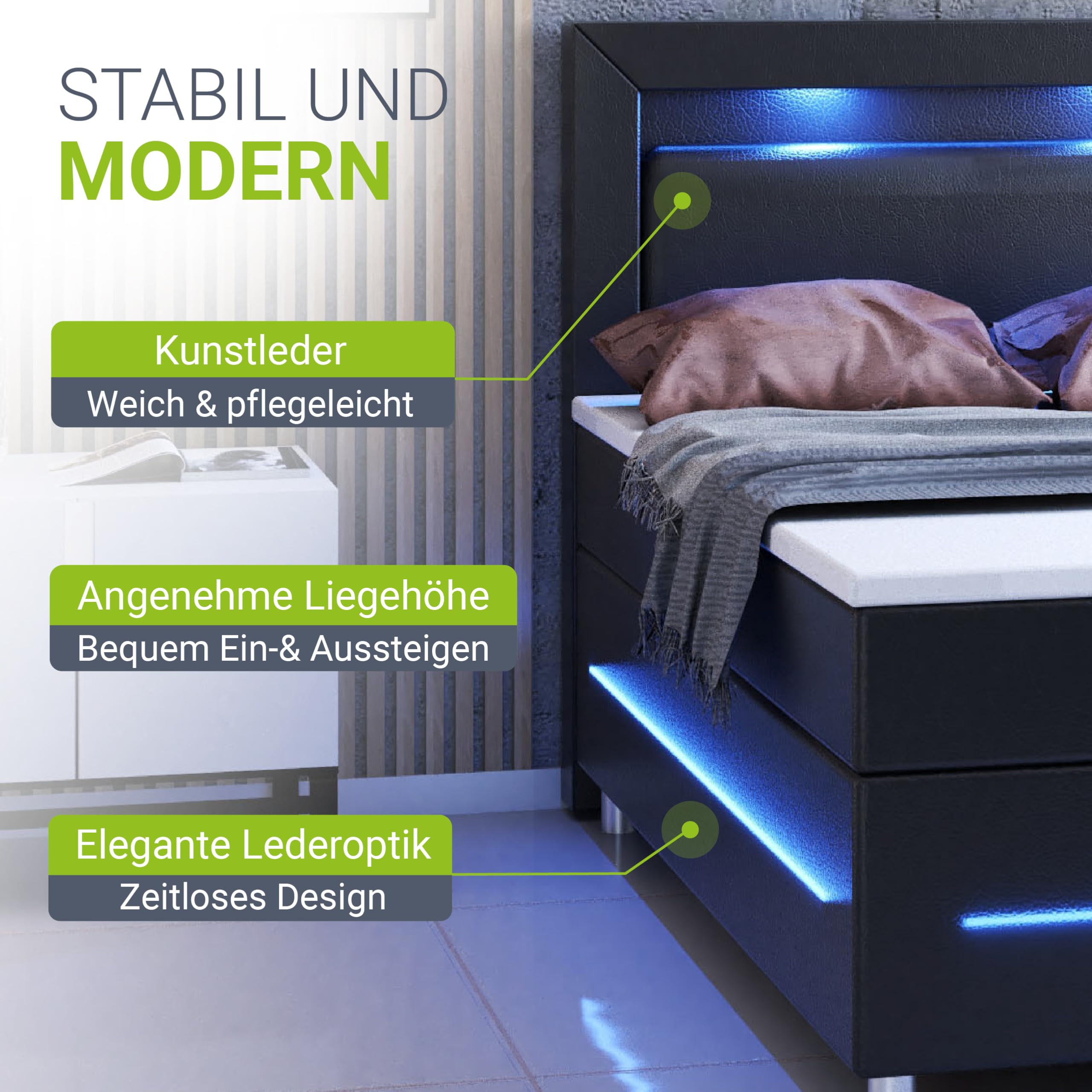 Juskys Boxspringbett Norfolk 200x200 cm - LED Beleuchtung, Bonell Matratze & Topper - 66 cm Komforthöhe - schwarz - Bett Doppelbett Polsterbett