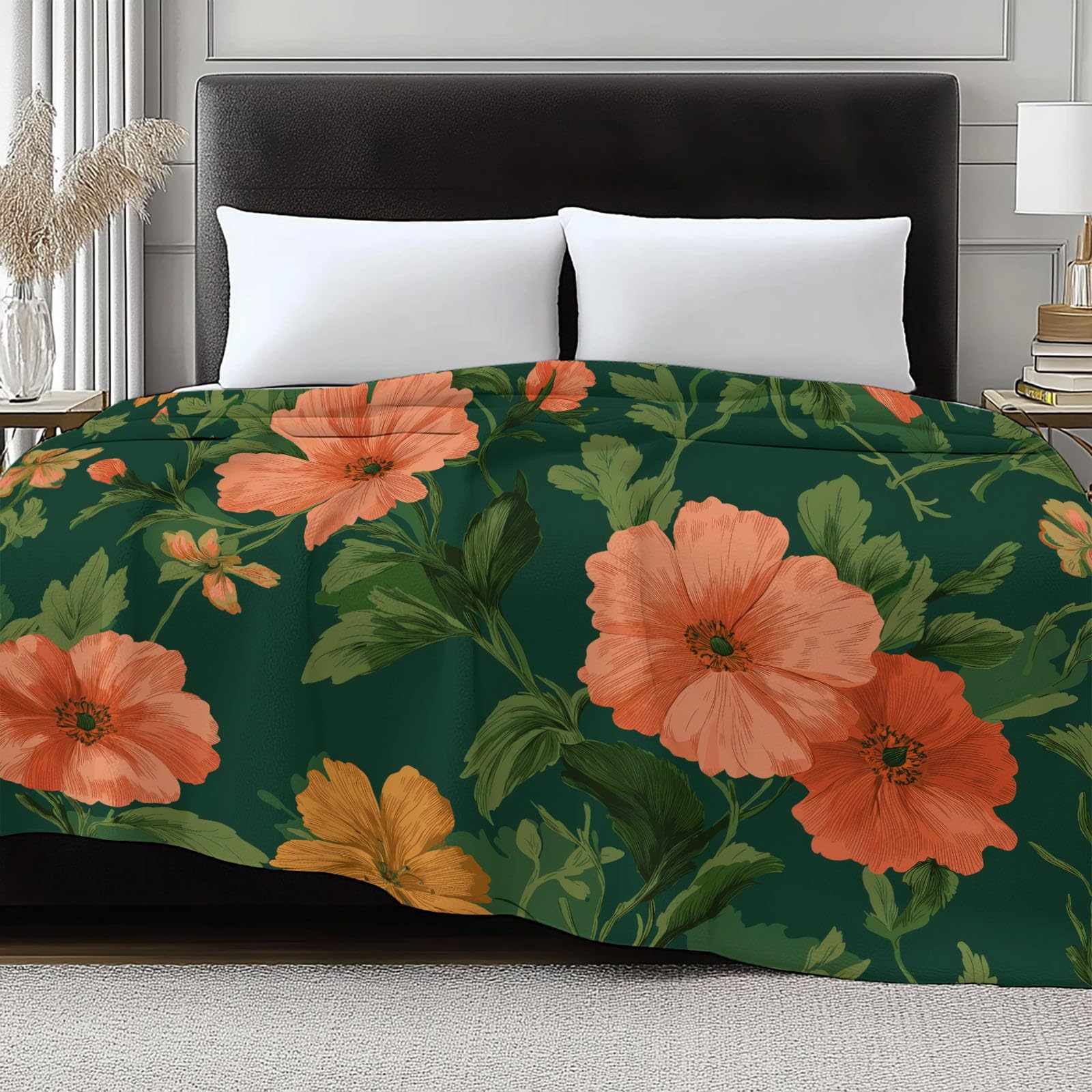 Coperta Pile Singolo Matrimoniale Fiori In Stile Pastorale Plaid Divano e Letto Coperte Pile di Flanella Calda MorbidaVerde, per Letto Divano Sedia, 180 x 200 cm