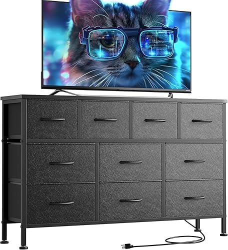 Lulive Cómoda de 10 cajones, soporte de TV con toma de corriente, cómoda para TV de 55 pulgadas de largo, cómoda de tela ancha para almacenamiento y