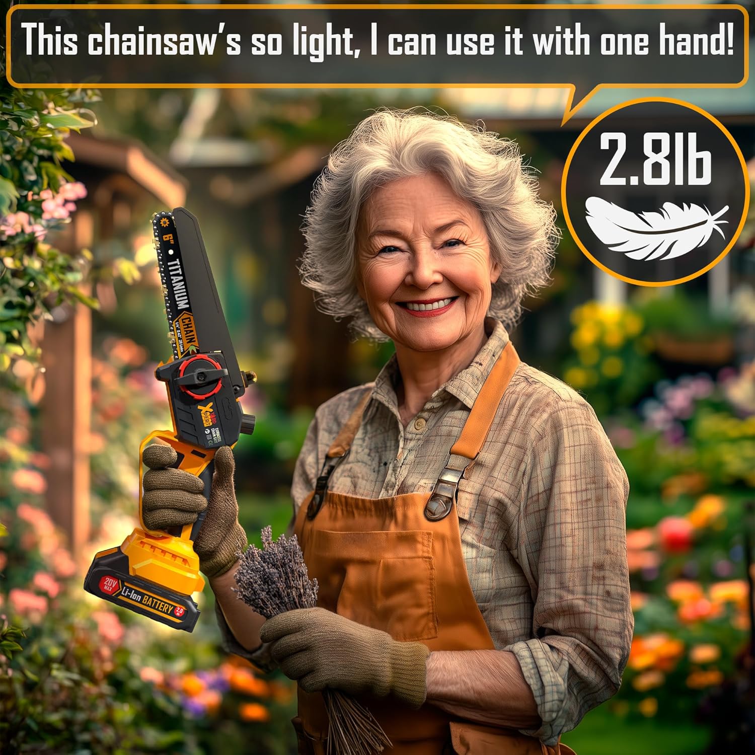 Mini Chainsaw Cordless 6 Inch with Extra Sharp Titanium Chain & 1000W Brushless Motor, Self Oiling & Auto Tensioning System, Small Electric Pruning Saw Battery Powered for Tree Trimming