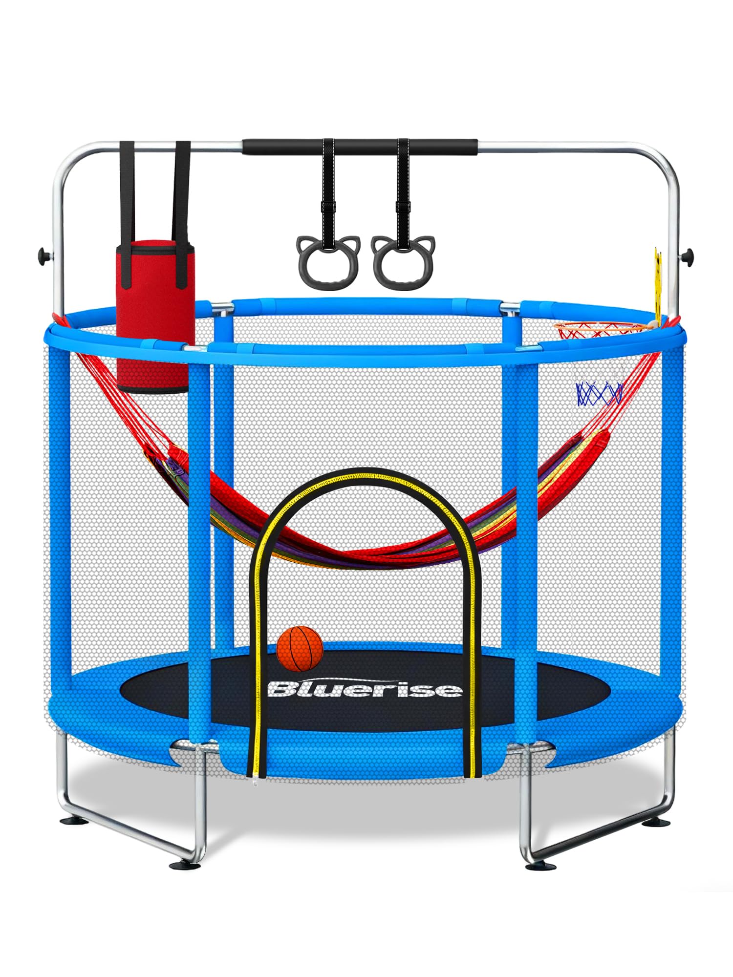 BLUERISE 150.8cm(55인치) 1.8m(6피트) 유아용 트램펄린 아동용 실내 실외 놀이 트램펄린 농구 후프 부착물, 인클로저 네트 포함 쉬운 조립