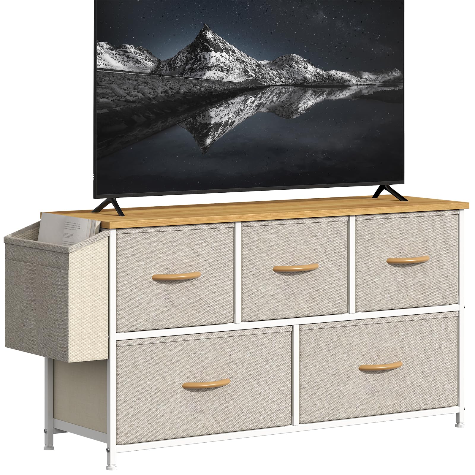 GoaHi 5 Drawer Chest of Drawers, Low Storage Unit with Side Pocket, Metal Frame & MDF Top, Fabric Drawer Dresser for Bedroom, Living Room or Hallway,Khaki — image 1