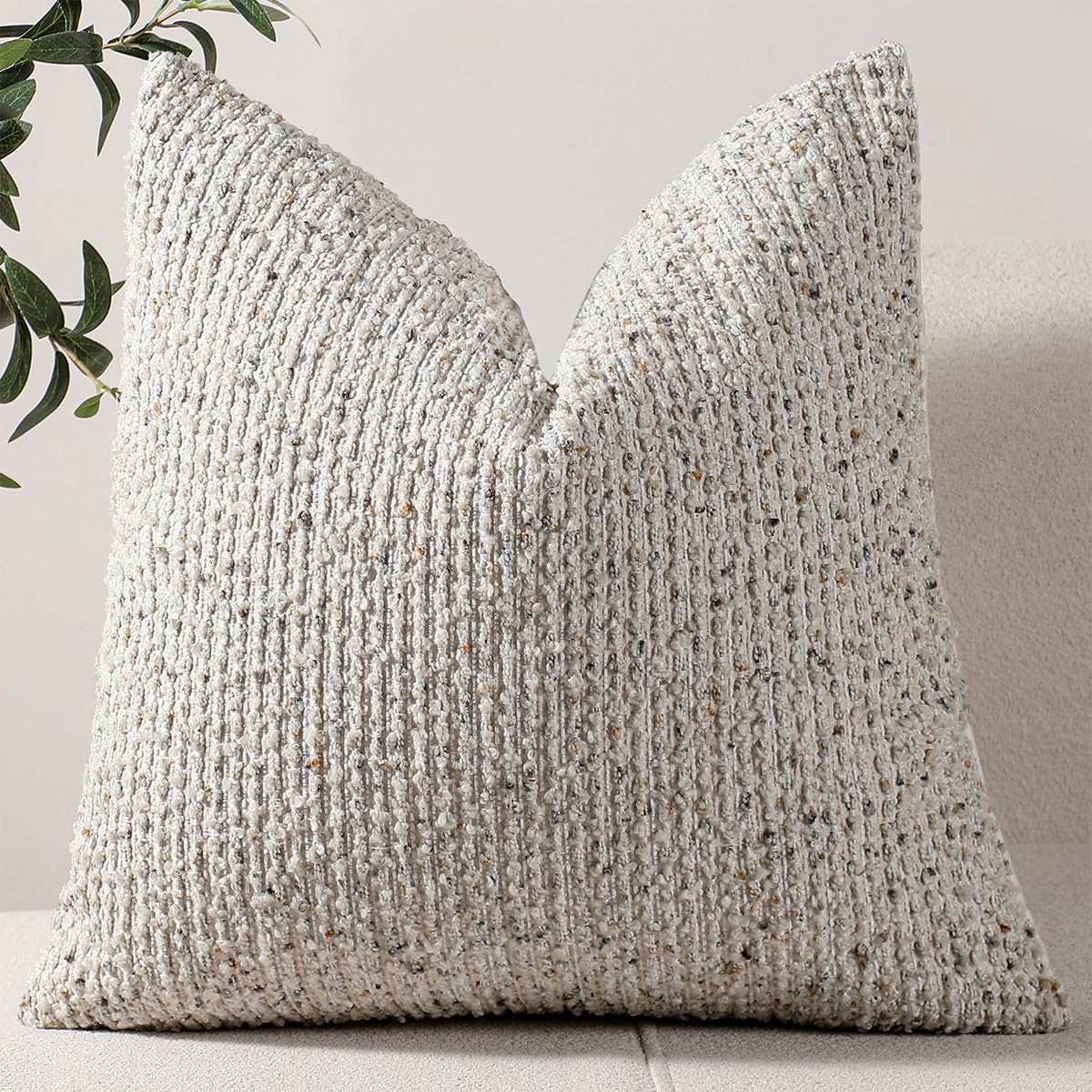 DEZENE 24x24 Cream Grey Throw Pillow Cover Textured Boucle Striped Chic Morden Boho Accent Farmhouse Square Decorative Couch Pillow Cover for Home Decor Bed Sofa Living Room