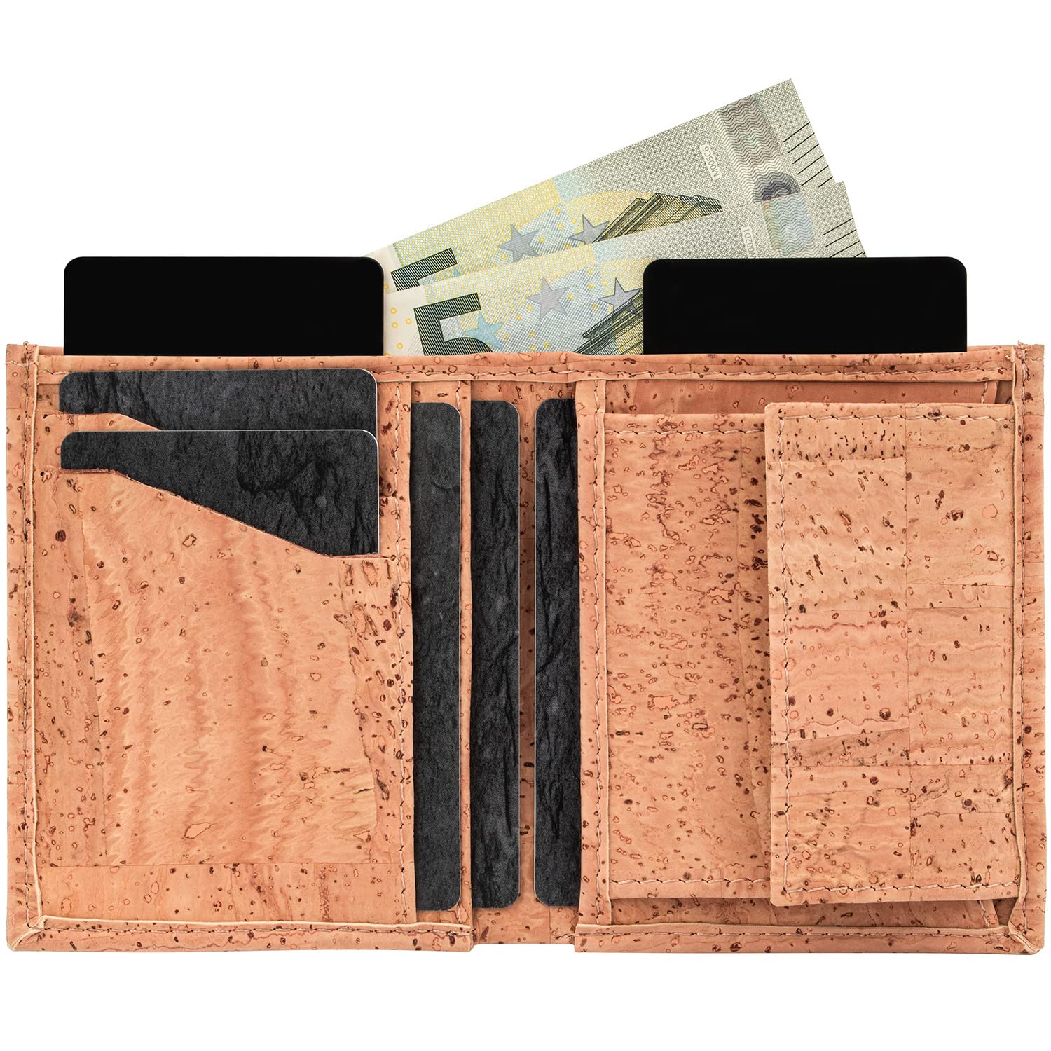 Simaru Portfel slim z korka wegański „Levi” z elastyczną tasiemką do szybkiego dostępu do kart i ochroną RFID | Przegroda na banknoty i monety | Kompaktowy portfel unisex na co dzień (Beżowy)