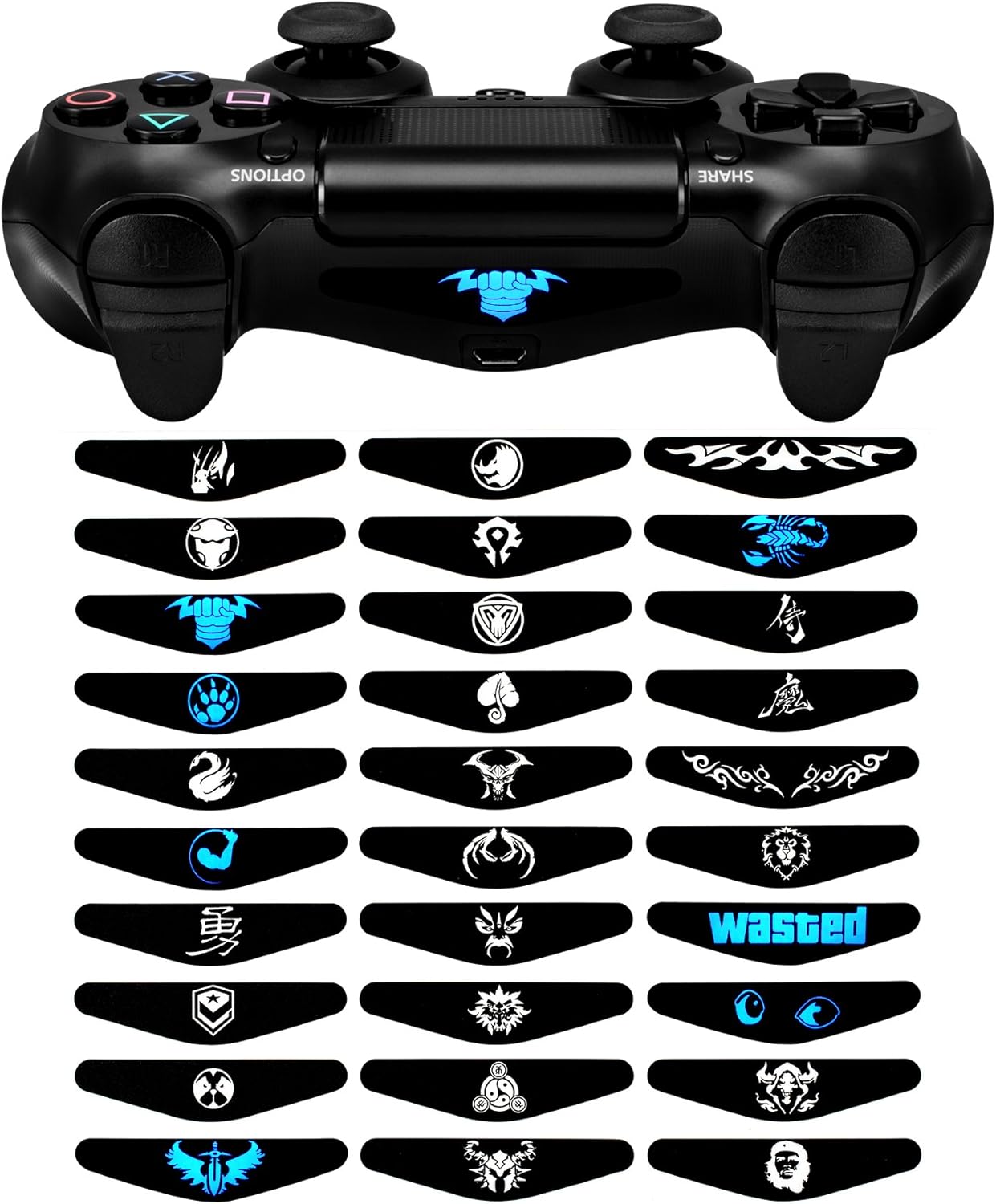 eXtremeRate 30 Piezas/Kit Adhesivo para PS4 Mando de la Barra luz Vinilo Pegatinas Calcomanías Skins Stickers Light Bar Cover para Playstation 4 Pro Slim Original Control(Modelo-05)