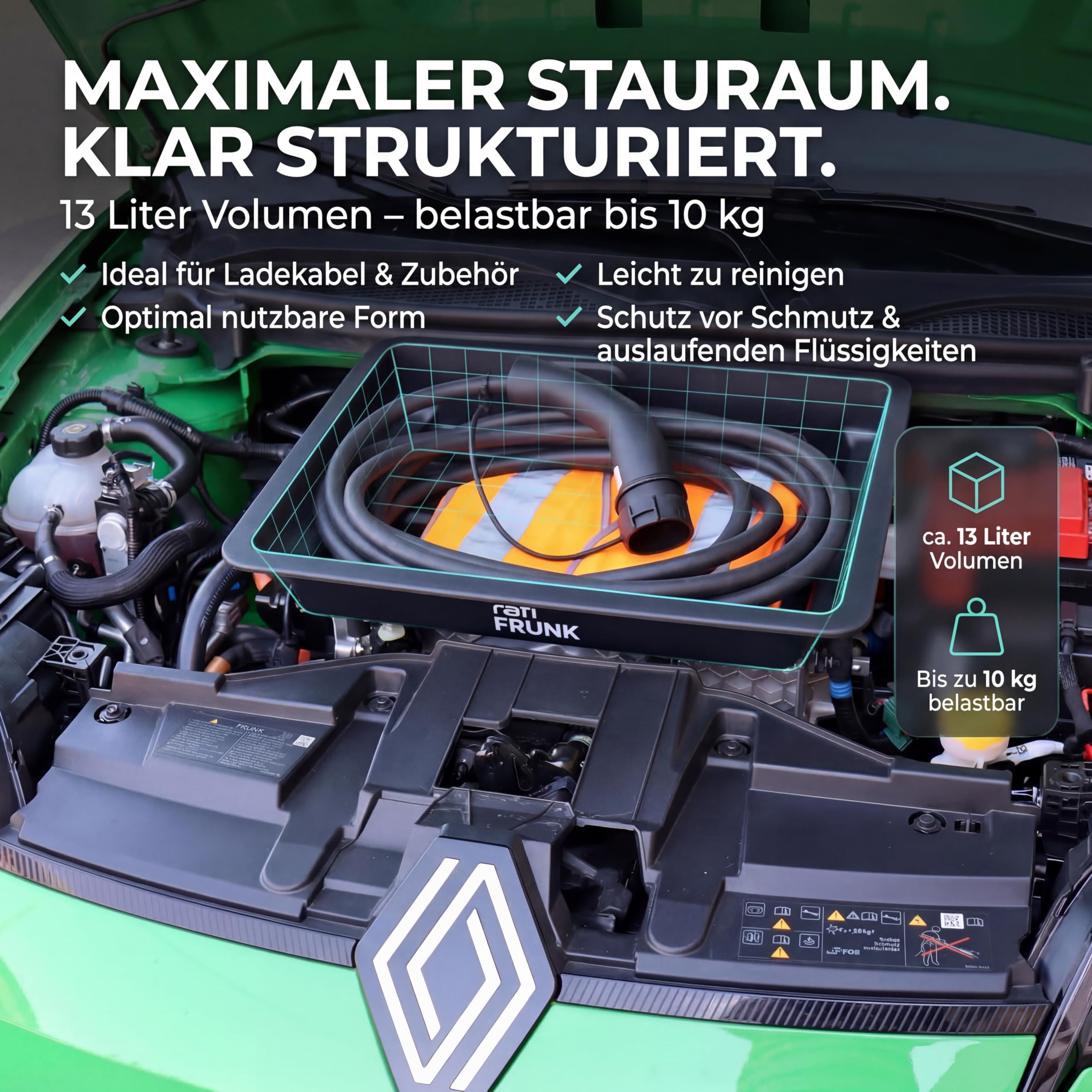 rati Frunk kompatibel für Renault 4 E-Tech 2025- / 5 E-Tech 2024- / Nissan Micra 2025- / Alpine A290 2024- | Erweiterter Front-Stauraum. Perfekt für Ladekabel & Zubehör. Hervorragende Passgenauigkeit