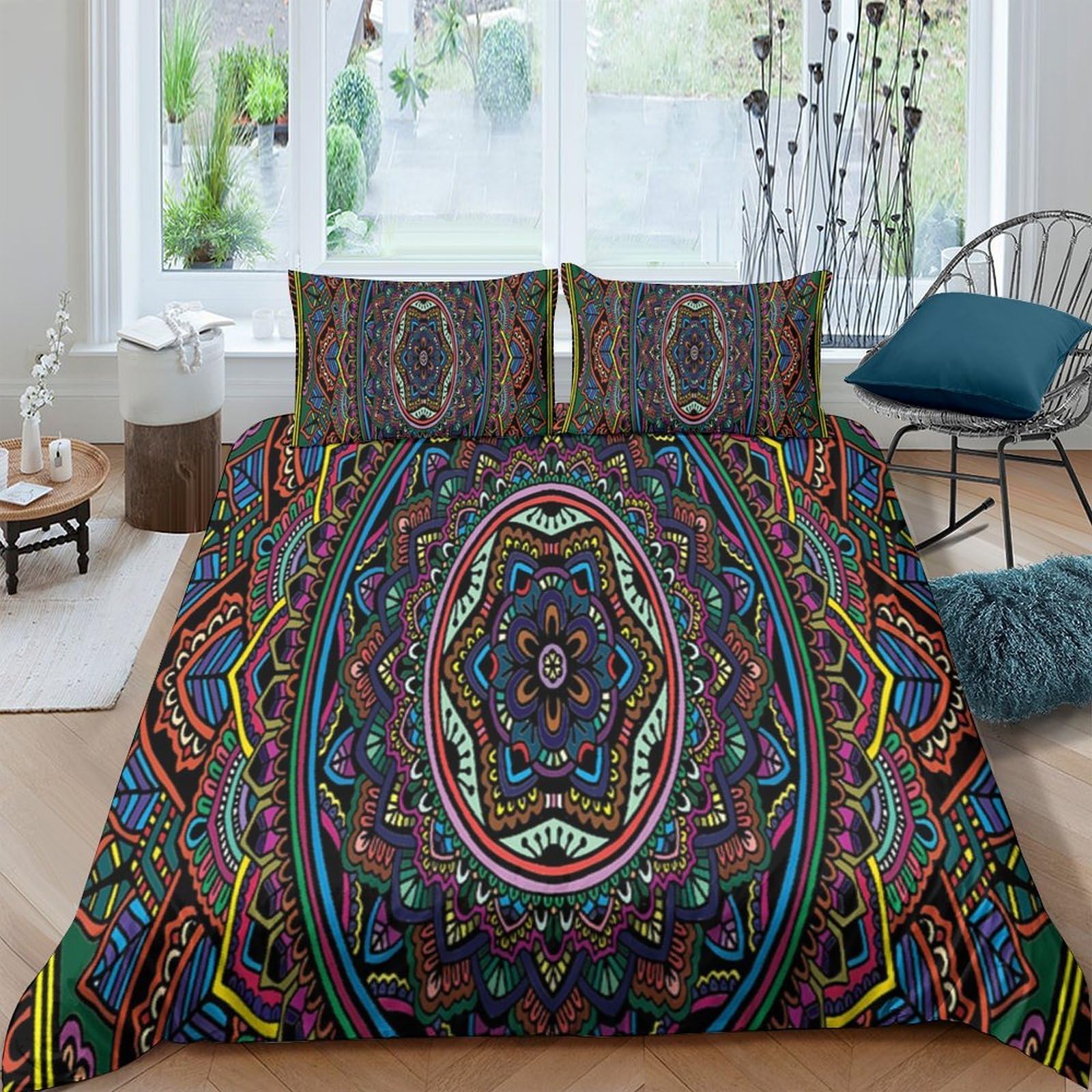 GPLZQXKJNH 3D Printed Boho Mandala Duvet Cover Microfiber Soft Breathable Geometric Bedding Set with 2 Pillowcases for Bedroom Single（135x200cm）
