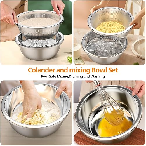 Miniatura 6 de Colador de acero inoxidable 304 con cuencos para mezclar, gran capacidad de 2 cuartos de galón, juego de colador de metal microporoso para lavar y