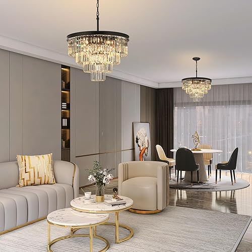 Miniatura 8 de Candelabros de cristal para comedor sobre mesa, 15 luces negras modernas para sala de estar, accesorios de iluminación redondos de cristal de 4