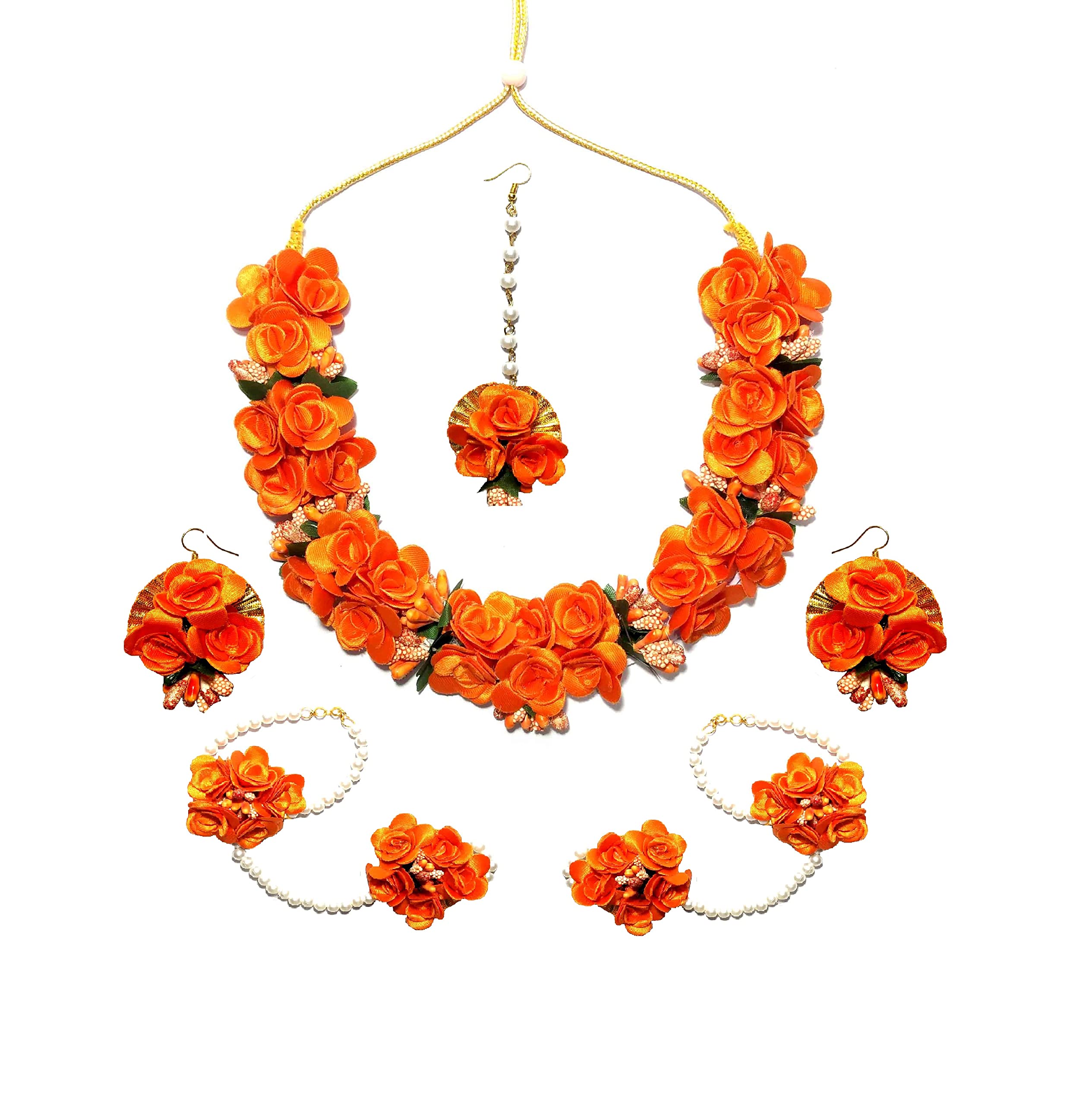 Pinoozclub Orange Fabric Flower Jewellery for Women and Gilrs | Bride Jewellery Set | Necklace | Earring | Maangtika | Hathfool | Pack of 1 (B07R81MK99) Amazon Price History, Amazon Price Tracker