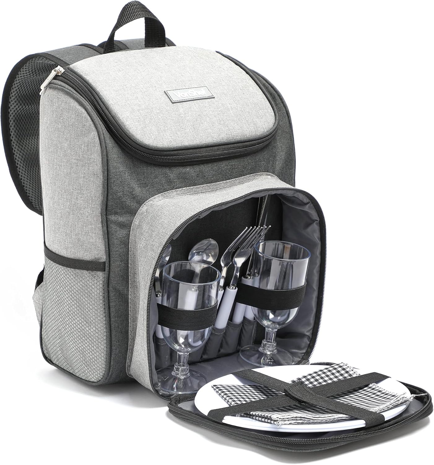 VonShef Picnic Backpack, 2 Person Grey Picnic Hamper with Dining