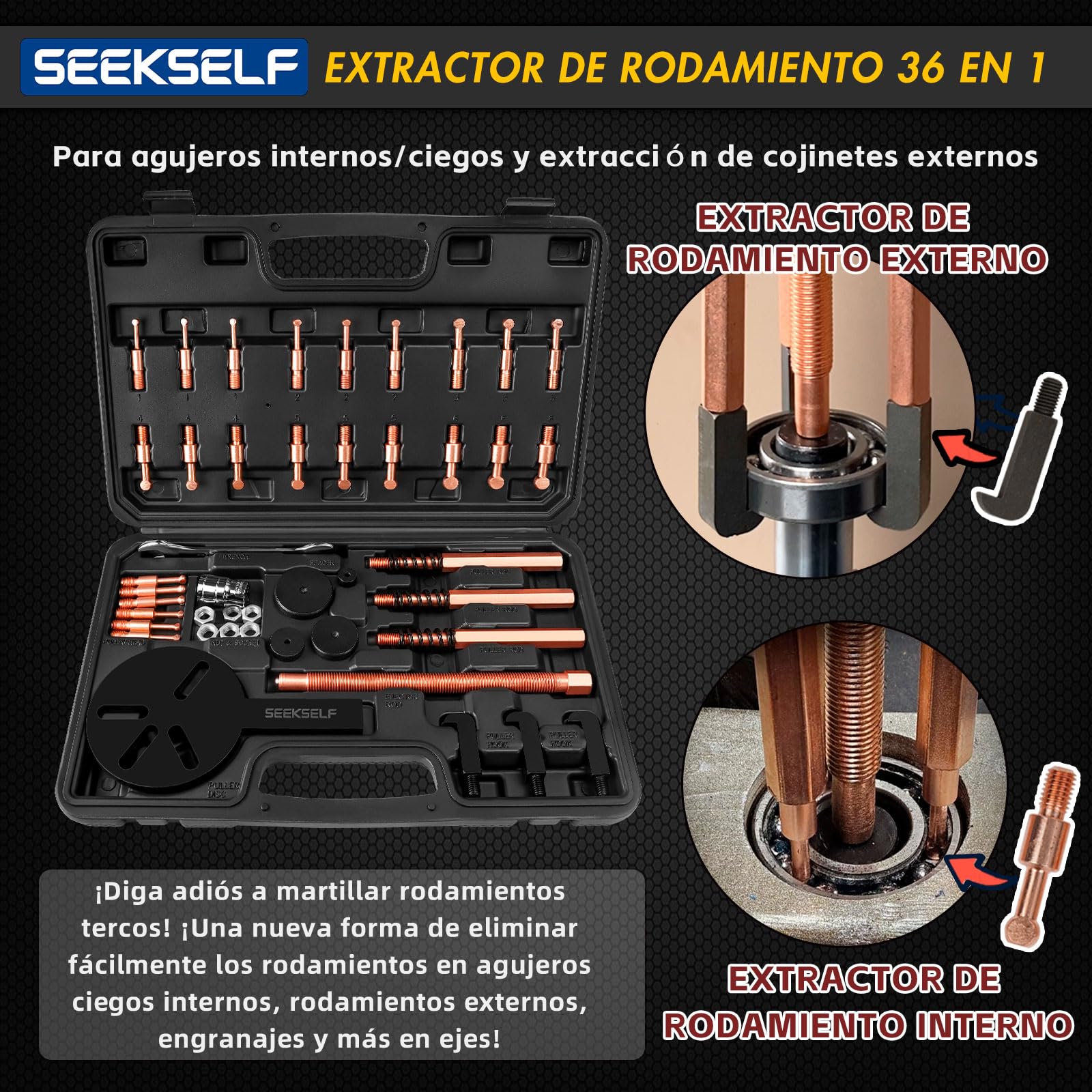 Kit de Extractor de Rodamientos 36-en-1, Juego de Separación de Cojinetes Internos y Externos, Herramienta de Extracción de Engranajes Externos de Rodamientos Ciegos