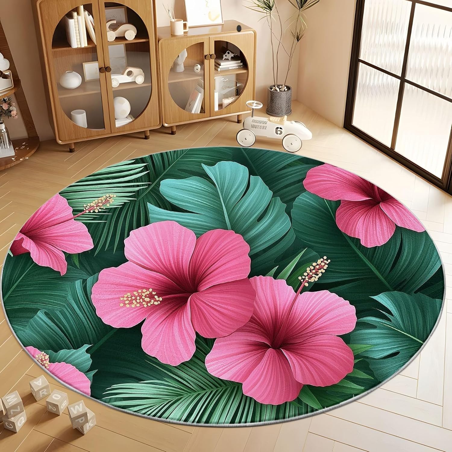 Non-Slip Washable Area Round Rug 2 ft, Plant Hibiscus Palm Leaves Printed Rugs, Painting Hibiscus Flower Low-Pile Circle Carpet Runner - Pet & Child Friendly Carpet 2' x 2' for Living Room Bedroom