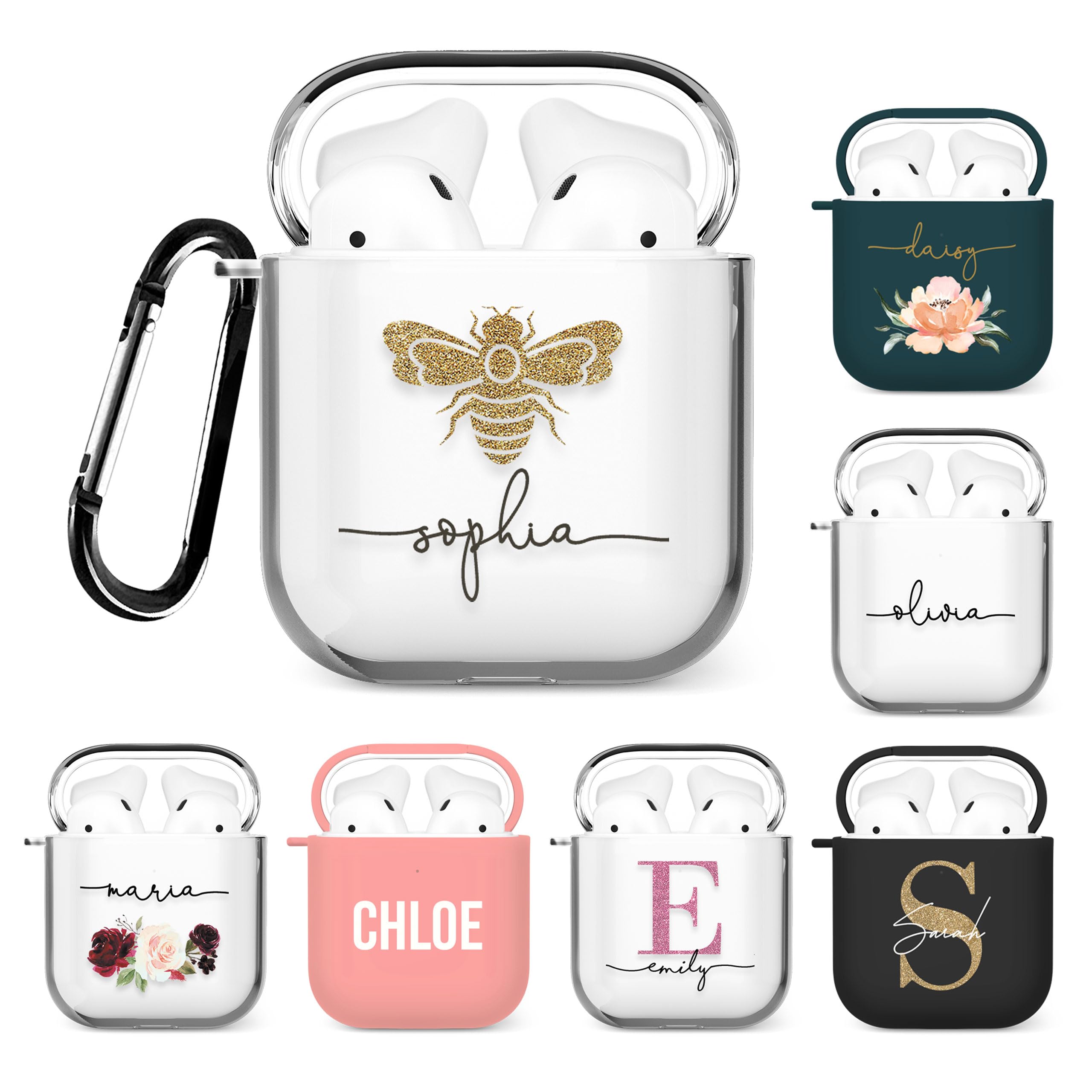 Tirita Personalised Custom Case Compatible with Apple AirPods 4th gen, Support Wireless Charging, with Carabiner, Front LED Visible [08- Rose Gold Monogram] — view 30