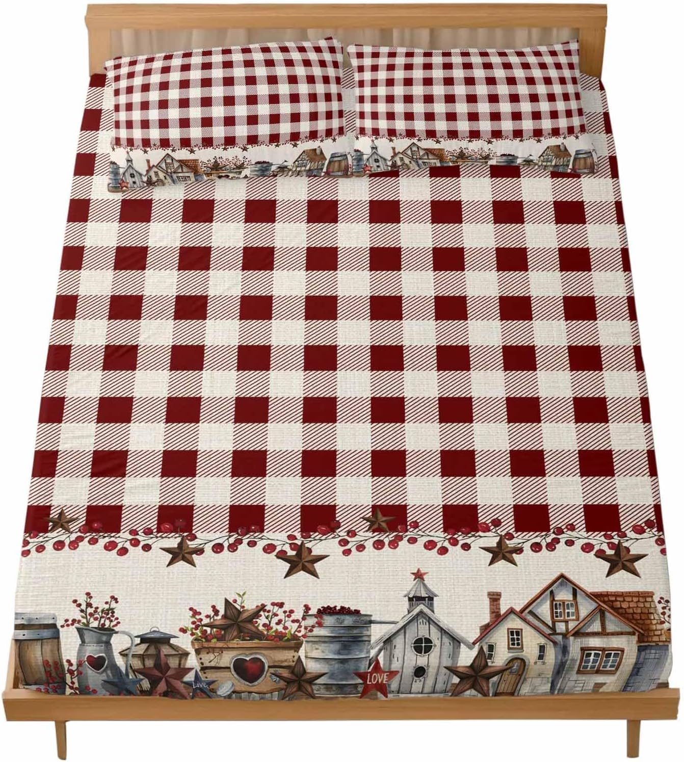 寝具カバーセット 田園 赤色 チェック 星 布団カバー 3セット ゼミダブル 137&times;190&times;40cm 掛け布団 ボックスシーツ 洋