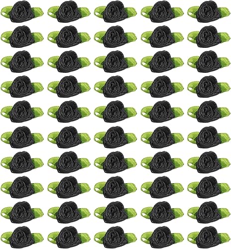 PATIKIL Cinta de satén de 0.591 in, 100 adornos de flores de tela, apliques de rosetas con hojas verdes para manualidades, decoración de boda, color