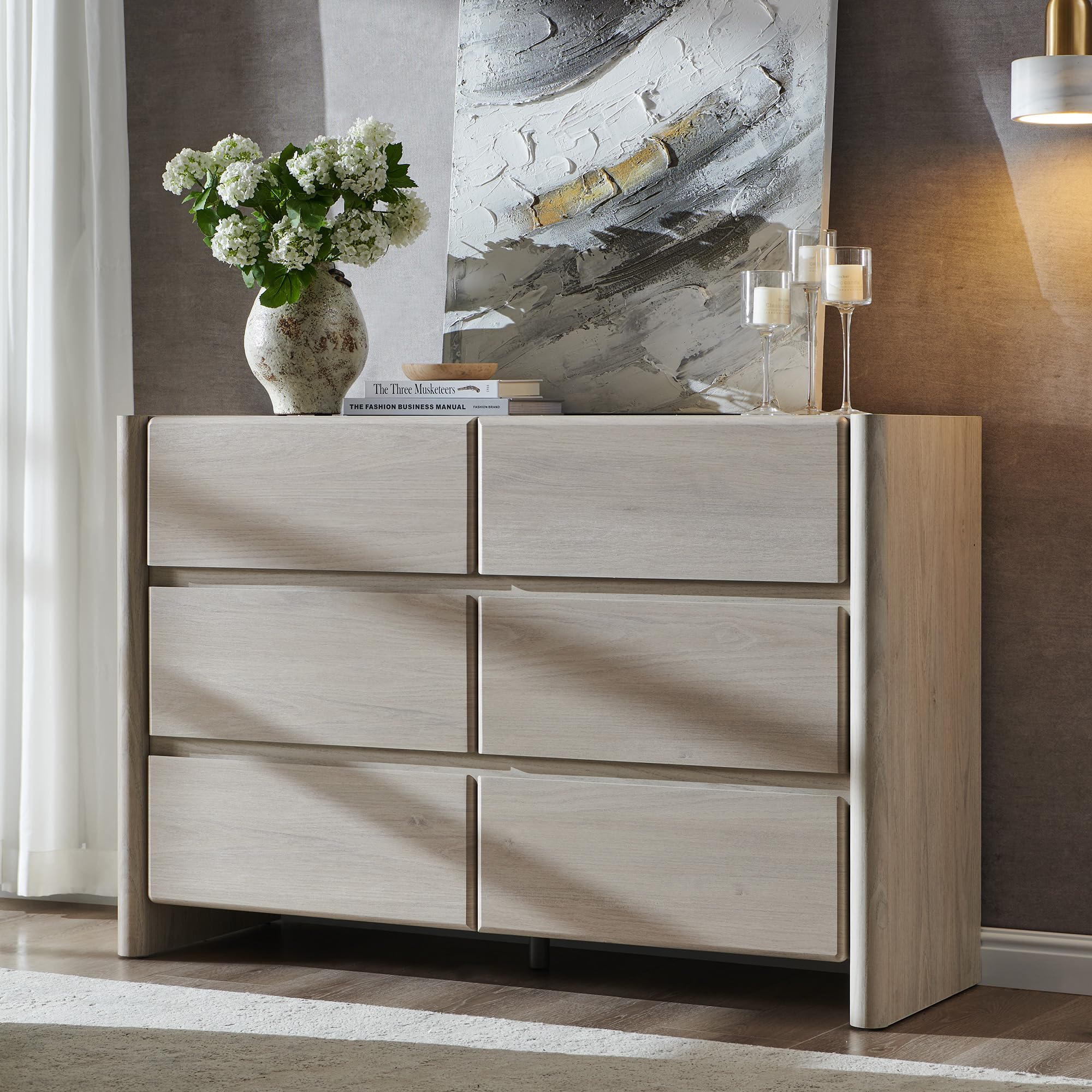 ALLTUFO Cream 6 Drawer Dresser with handleless drawers