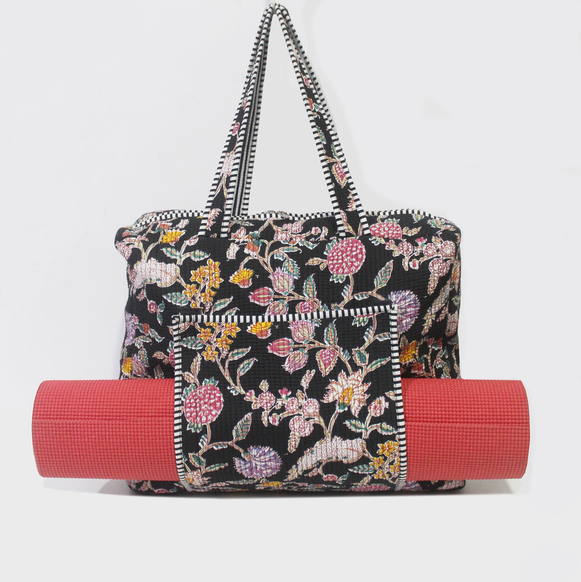 INDIAN CRAFT CASTLE Hobo Purses Shoulder Handbags With Wide Shoulder Strap, Tote Bag with Yoga Mat Carrier Pocket Carry all Bag for Office, Workout, Pilates, Travel, Beach and Gym (Black & Pink)