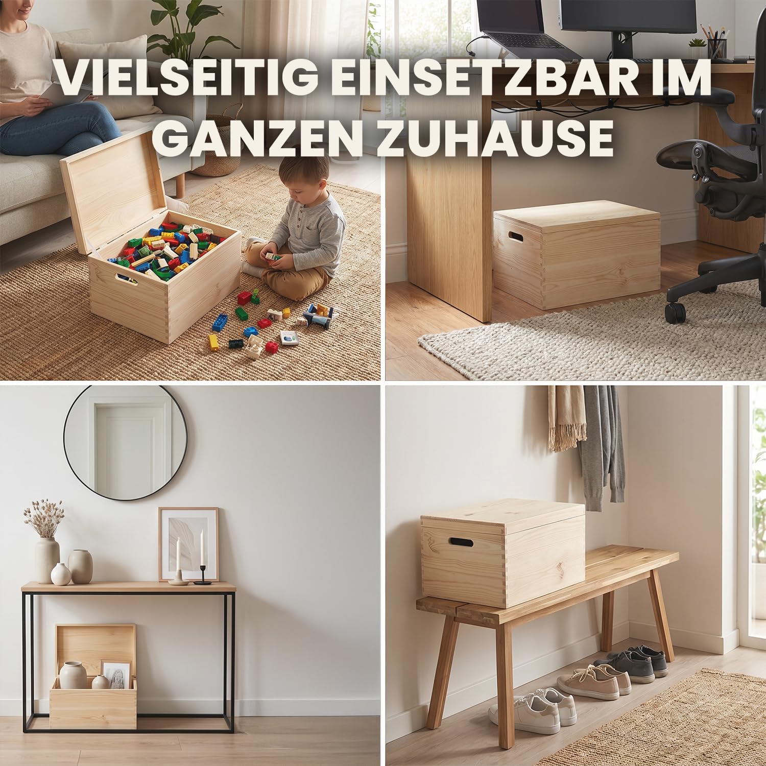 Holzkiste mit Deckel und Griffen 27L Fassungsvermögen 40 x 30 x 23 cm | 40 x 30 x 23 cm, Holzbox mit deckel und HDF Boden, 27 Liter Stauraum, Klappdeckel, Für Spielzeug Dokumente Kleidung