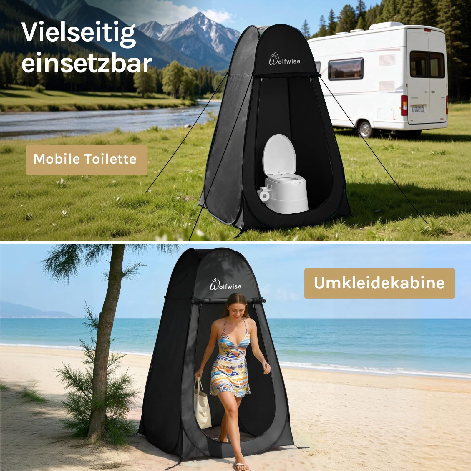 WolfWise Pop-Up Duschzelt Camping & Umkleidezelt – Kompakt & Leicht 2kg mit Tasche, Schneller Aufbau, WC- und Privatzelt, Wasserfest, UV-Schutz, Outdoor, Strand, Wandern, 1,9m/2,1m, Schwarz/Grün/Blau