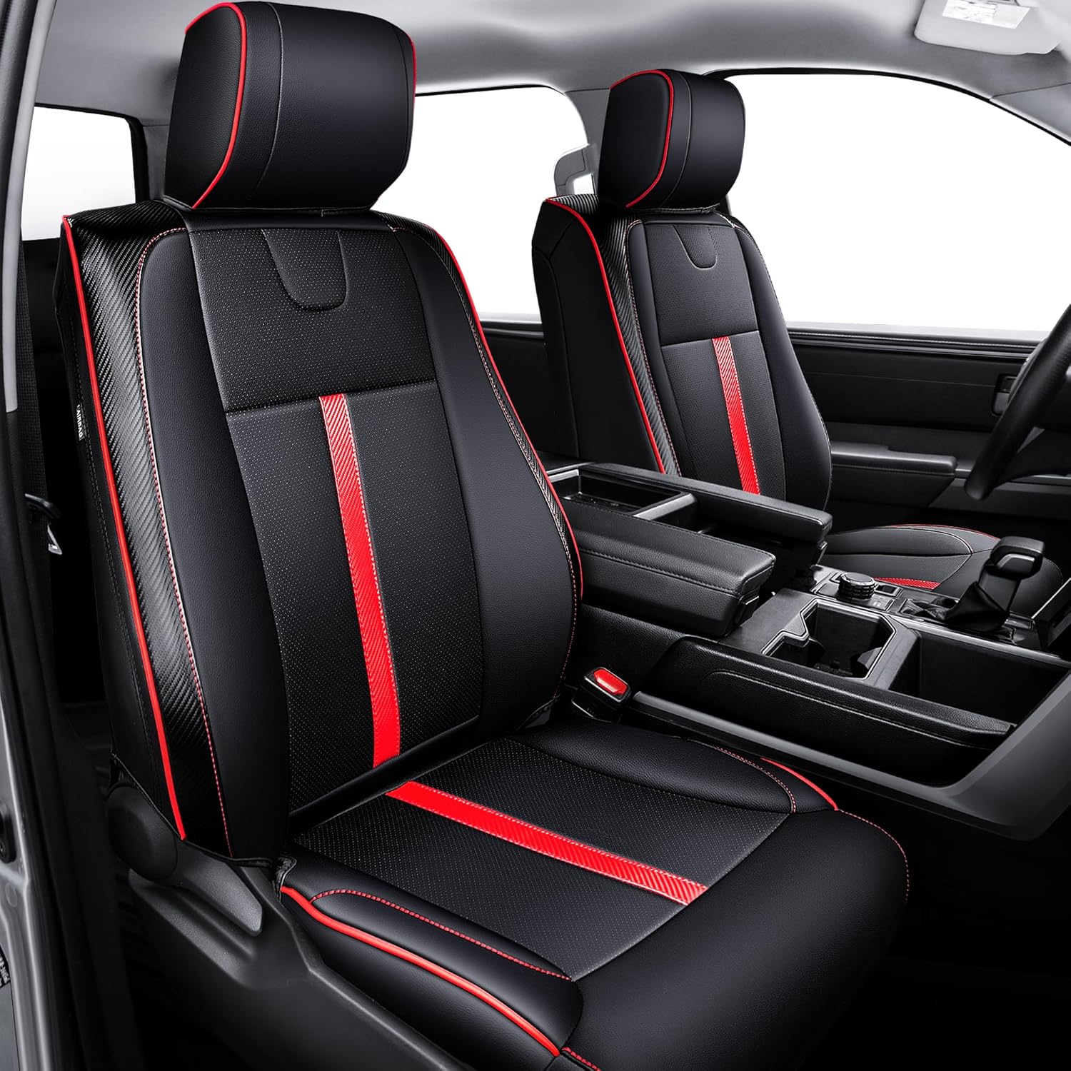 Leather Seat Covers Custom Fit for Tundra 2022 2023 2024 2025 CrewMax SR, SR5, Limited, Platinum, 1794 Edition, TRD Pro, Capstone - Carbon Fiber - Premium Faux Leather Fully Covered Black-Red & Full Sets & CrewMax For Tundra 2022-2025 & Rear Seat Without Armrest