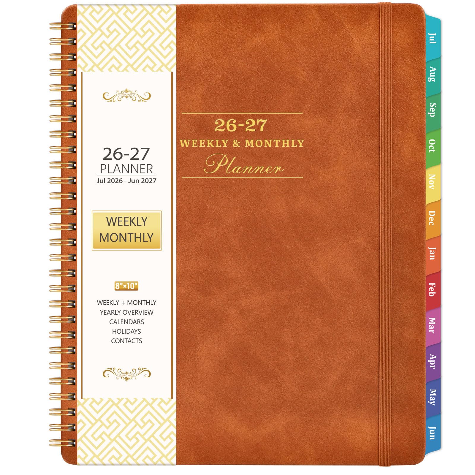 Planner 2026-2027 - July 2026 - June 2027, 2026-2027 Academic Weekly Monthly Planner, 8" x 10", Leather Brown Cover, Spiral Bound, Tabs