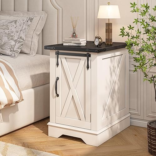 EnHomee Mesita de noche con estación de carga, mesas auxiliares de granja de 25 pulgadas con puerta de granero, mesa auxiliar grande de madera para