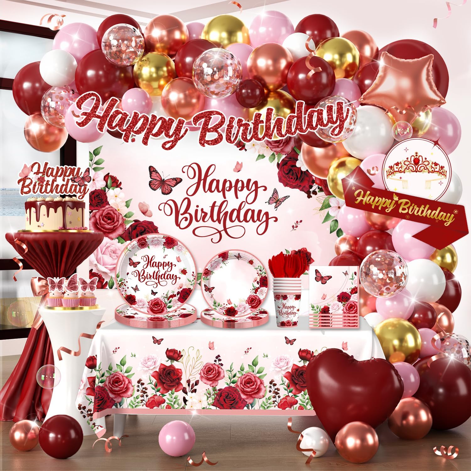 271 Pcs Burgundy Party Decorations, All-in-one Women Birthday Decorations with Burgundy Balloons, Banner, Backdrop, Plates and Napkins Set, Floral Happy Birthday Decorations Rose Gold