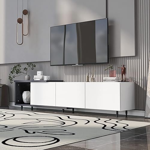 CITYLIGHT Soporte de TV con cajones de almacenamiento y estantes abiertos, soporte de TV de alto brillo para TV de más de 80 pulgadas, centro de