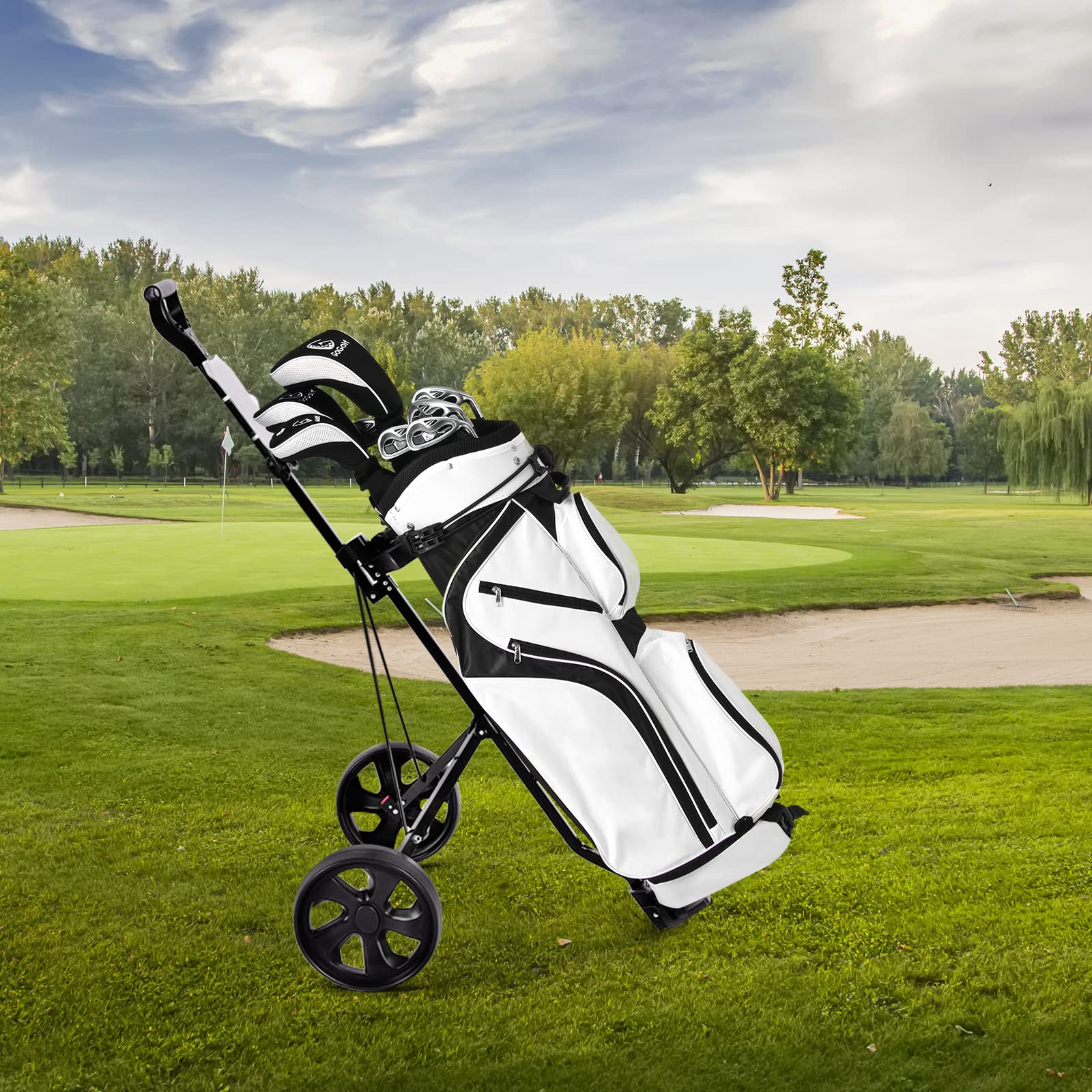 GYMAX Carrito de Golf de 2 Ruedas, Carrito de Golf Plegable Ligero con Marcador, Carrito de Golf de Acero