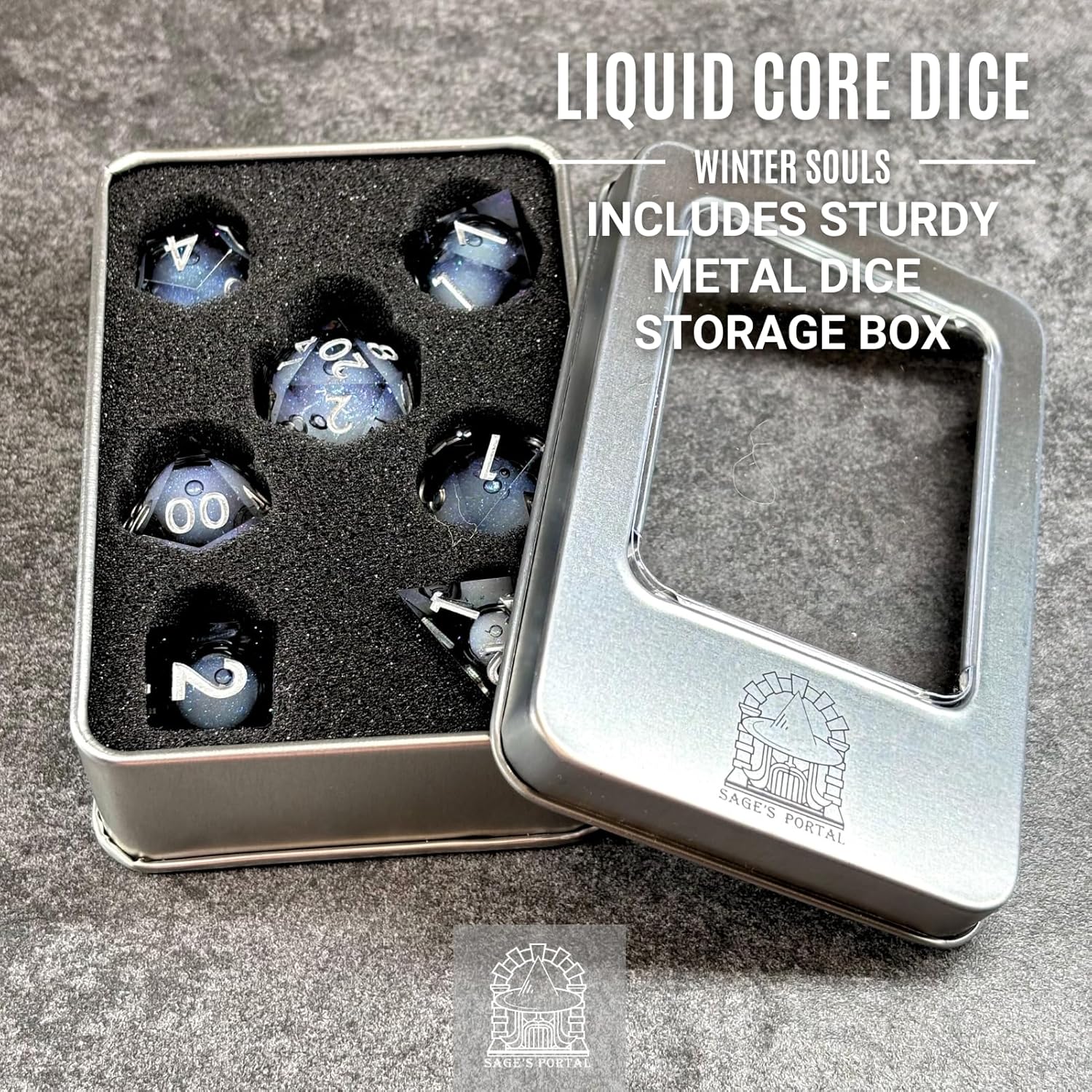Sage's Portal Souls Liquid Core 7-PC Sharp Edge Resin Polyhedral DND Dice Set for Dungeons and Dragons Dice RPG Tabletop TTRPG (Winter Souls)