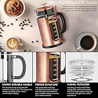 Vista 5 de French Press Coffee Maker 34oz / 1 Quart 304 Stainless Steel Coffee Press,with 4 Filters System, Heat Resistant Thickness Borosilicate Glass, Brewed