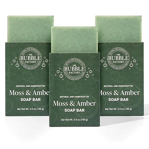 The Bubble Factory Moss and Amber - Hecho a mano en los Estados Unidos, sin aceite de palma, jabón en barra totalmente natural, 3 barras