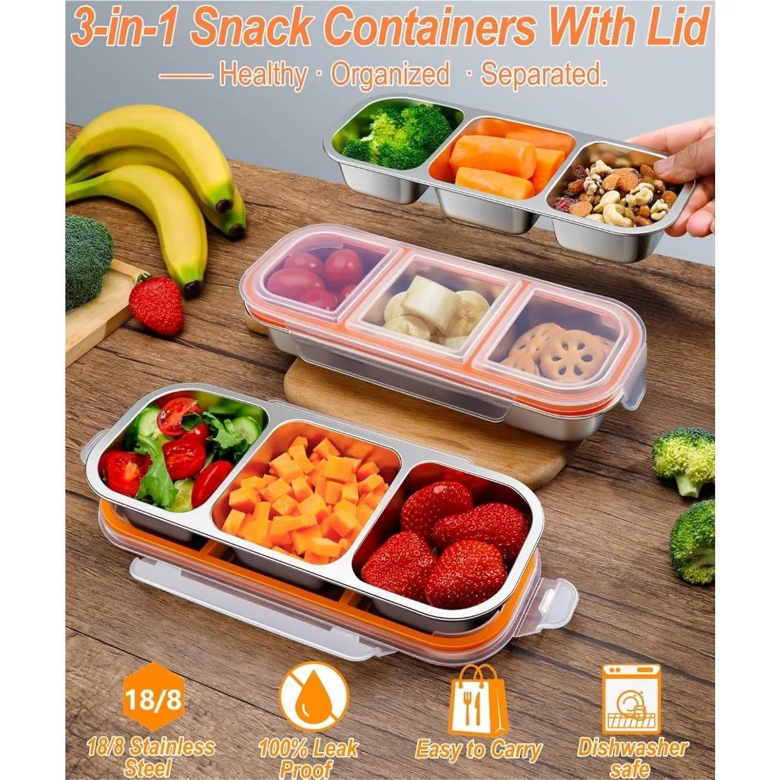 4 pz 304 Contenitori for Snack In Acciaio Inox A Prova di Perdite 3 Scomparti Bento Box for Adulti Scuola Lavoro Viaggio Pranzo Impilabile per Snack