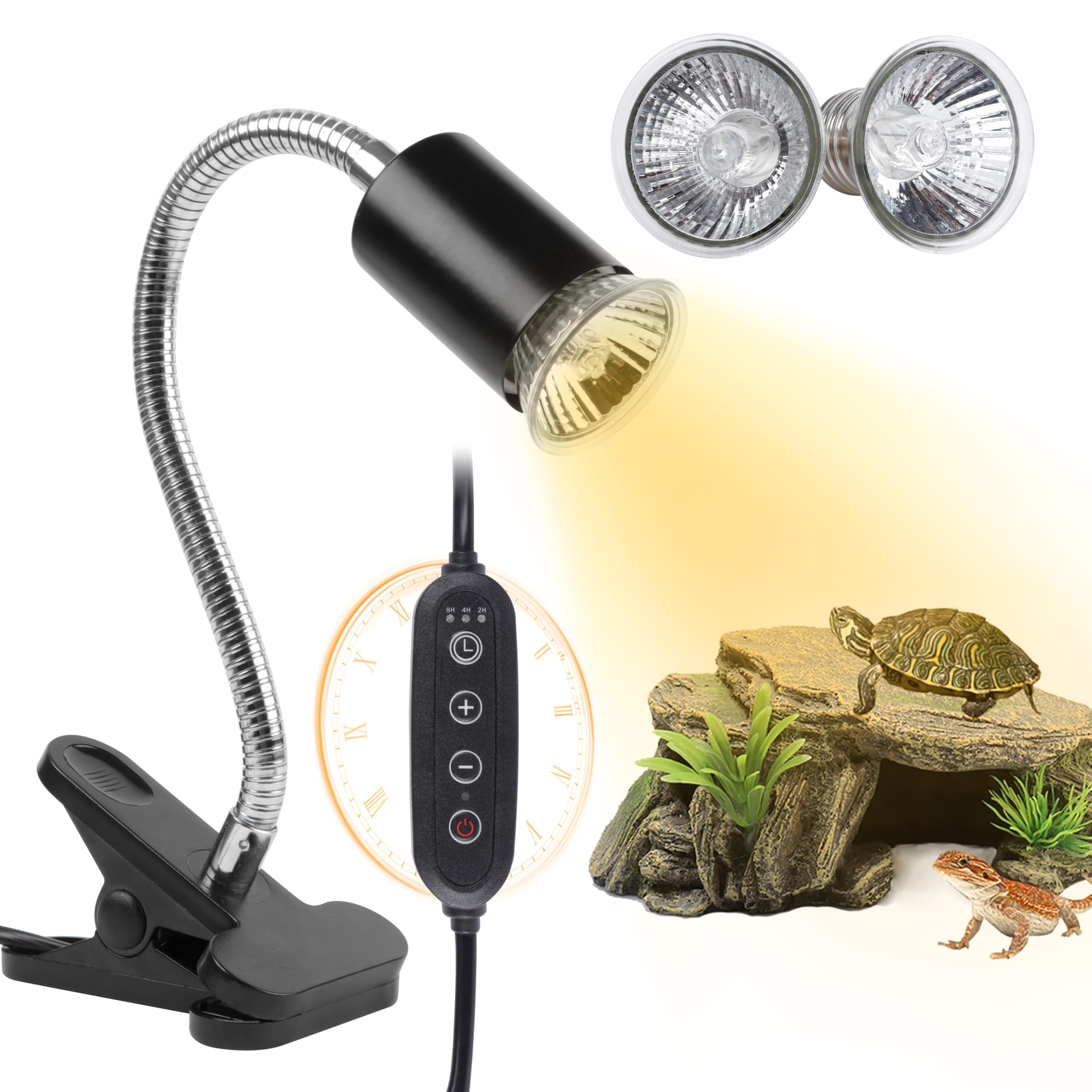 Tortoise Heat Lamp Basking Spot, Reptile UVA UVB Lamp with Clamp Stand(Cycle Timer), 360°Rotatable Turtle UVB Heat Bulb 25W & 50W for Lizard, Snake, Chameleon, Beared Dragon